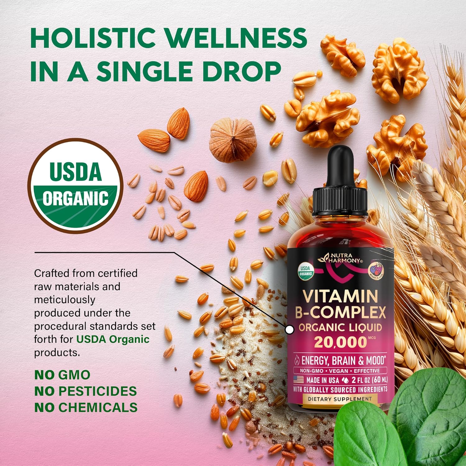USDA Organic Vitamin B-Complex B5 Pantothenic Acid | B12 Methylcobalamin | B1 Thiamine | B6 Pyridoxine | B7 Biotin | B9 Folic | B3 Niacinamide - B Complex Liquid Drops, Natural Berry Flavor, 2fl oz - Image 4