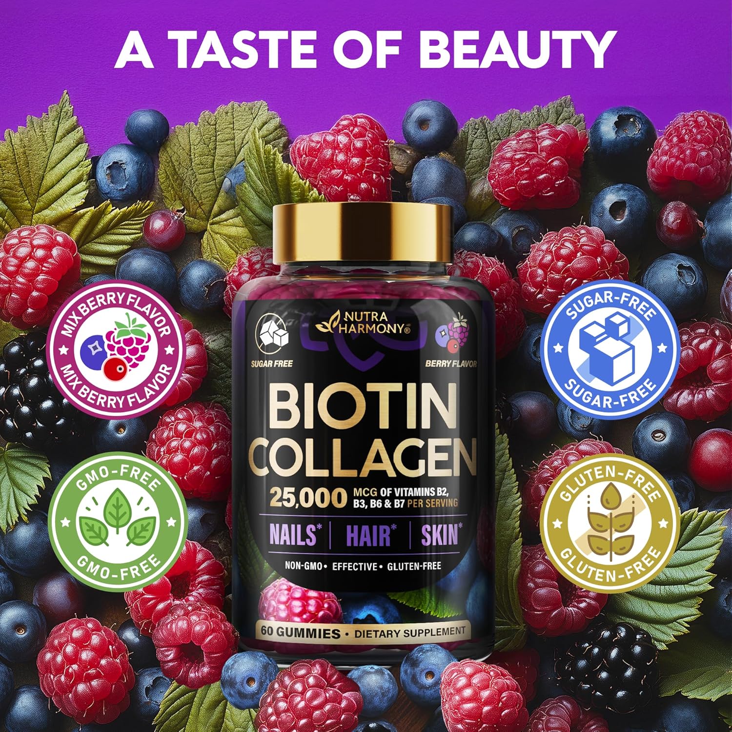 Biotin Gummies with Collagen - Hair Growth Support, Skin, & Nail Strength - for Women & Men - Biotin 10000mcg | Keratin | Hyaluronic Acid | B-Complex | Nettle - Sugar-Free, Mixed Berry, 60 Gummies - Image 6