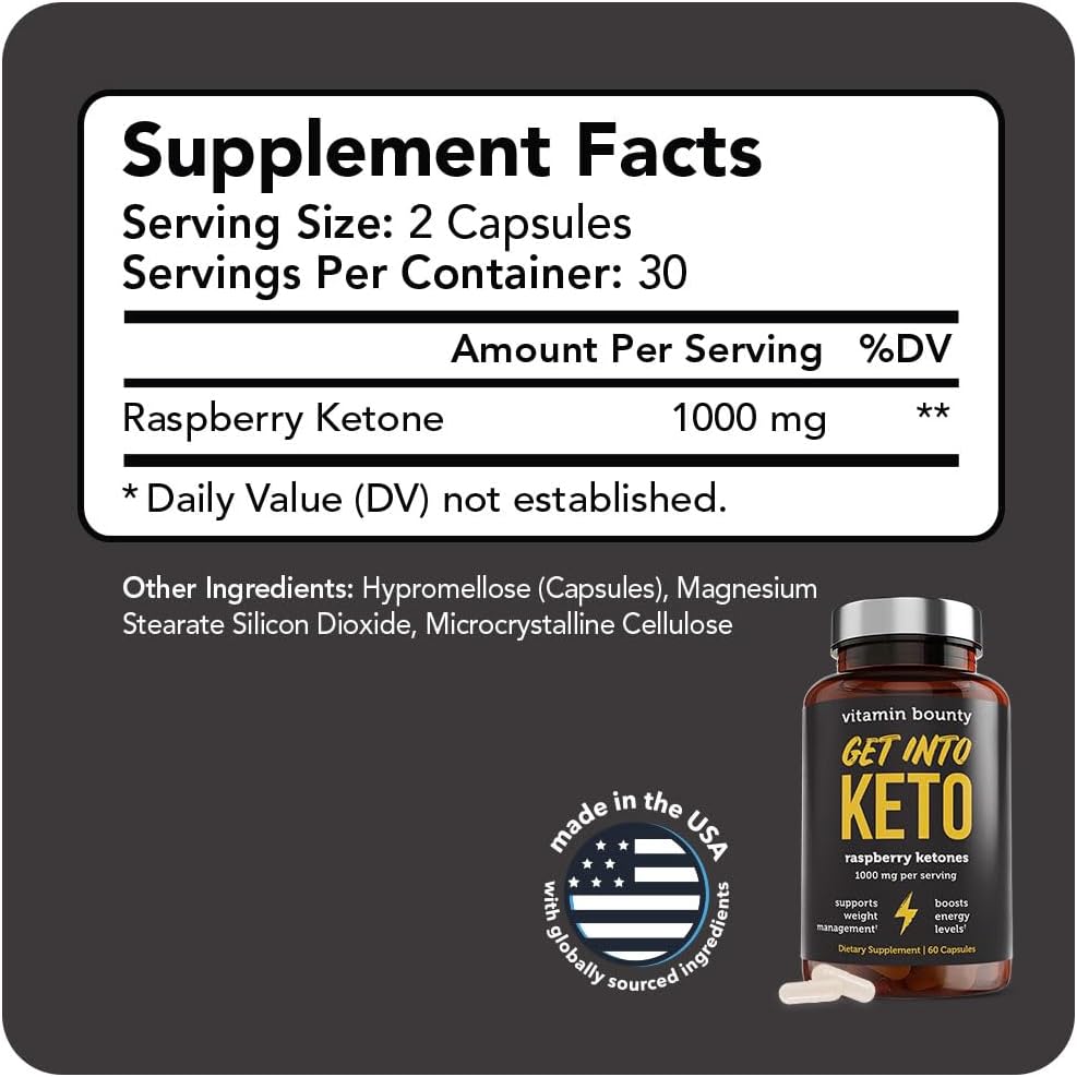 Vitamin Bounty Premium Raspberry Ketones Supplement - Keto Pills for Weight Loss - Promotes Ketosis & Metabolism Support - Keto Diet Aid - Energy Boost for Women & Men - 60 Capsules - Image 2