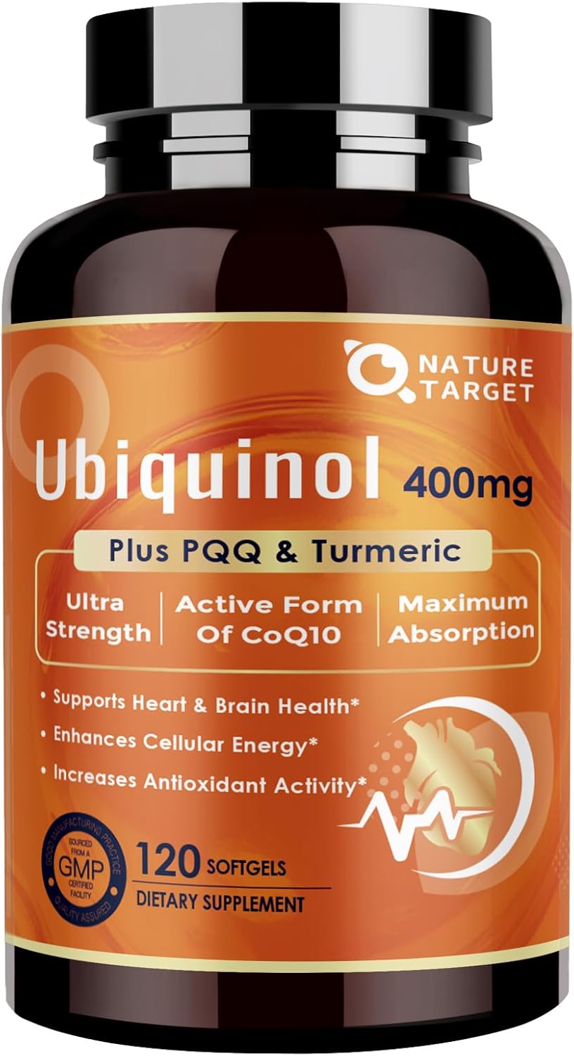 NATURE TARGET Ubiquinol CoQ10 400mg Softgels with PQQ,Turmeric, High-Absorption Coenzyme Q10 Supplement with ALA & Black Pepper, Antioxidant for Heart & Brain Health and Energy Production, 120 Count.