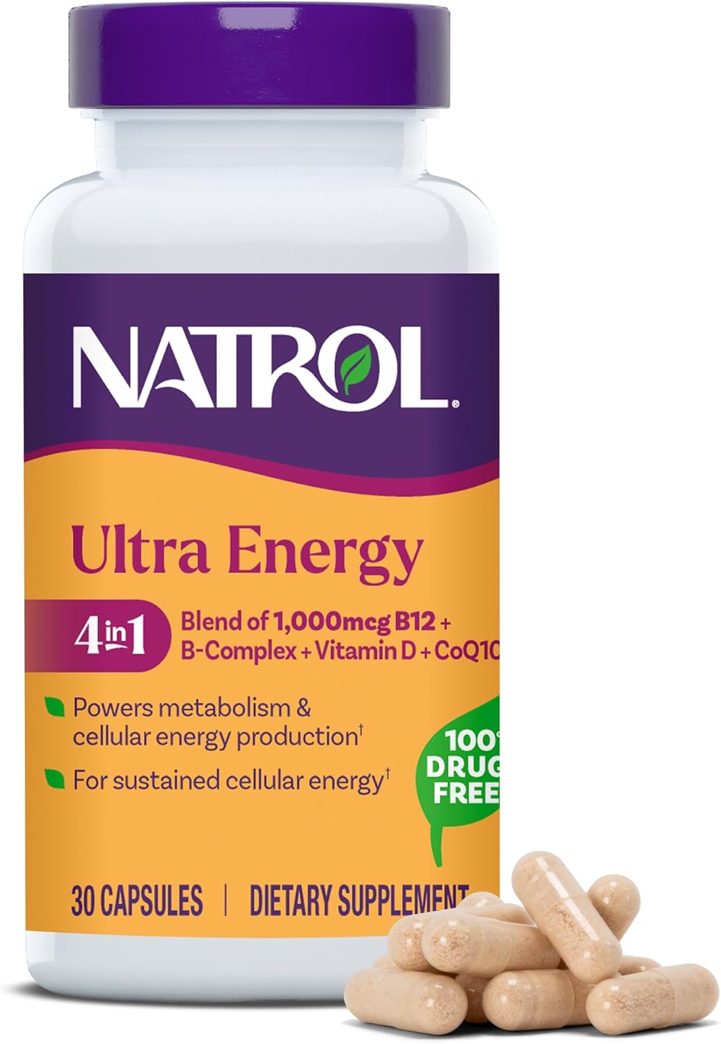 Natrol Ultra Energy 4-in-1 Blend 1000mcg B12, Vitamin B Complex, Vitamin D, CoQ10 Capsules 30 Ct, Vegetarian, Caffeine Free, Supports Cellular Energy Production