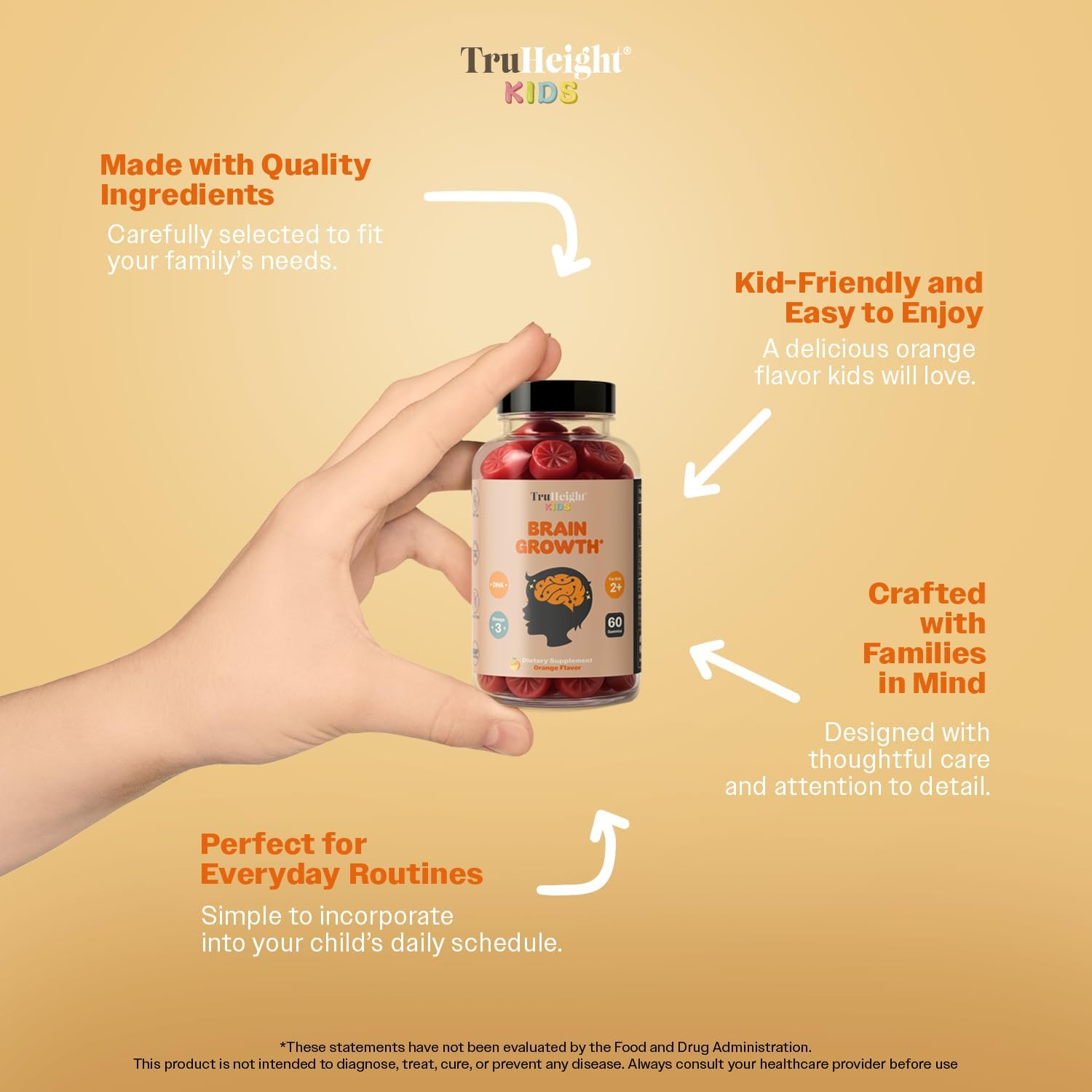 TruHeight Kids Brain Growth Gummies (Orange, Ages 2+) All Natural Kids & Teens Vitamins - Omega 3 Gummies Supports Brain Growth, Mental Clarity, Focus, Eye Health, Memory Supplements, DHA Multivitamin - Image 3