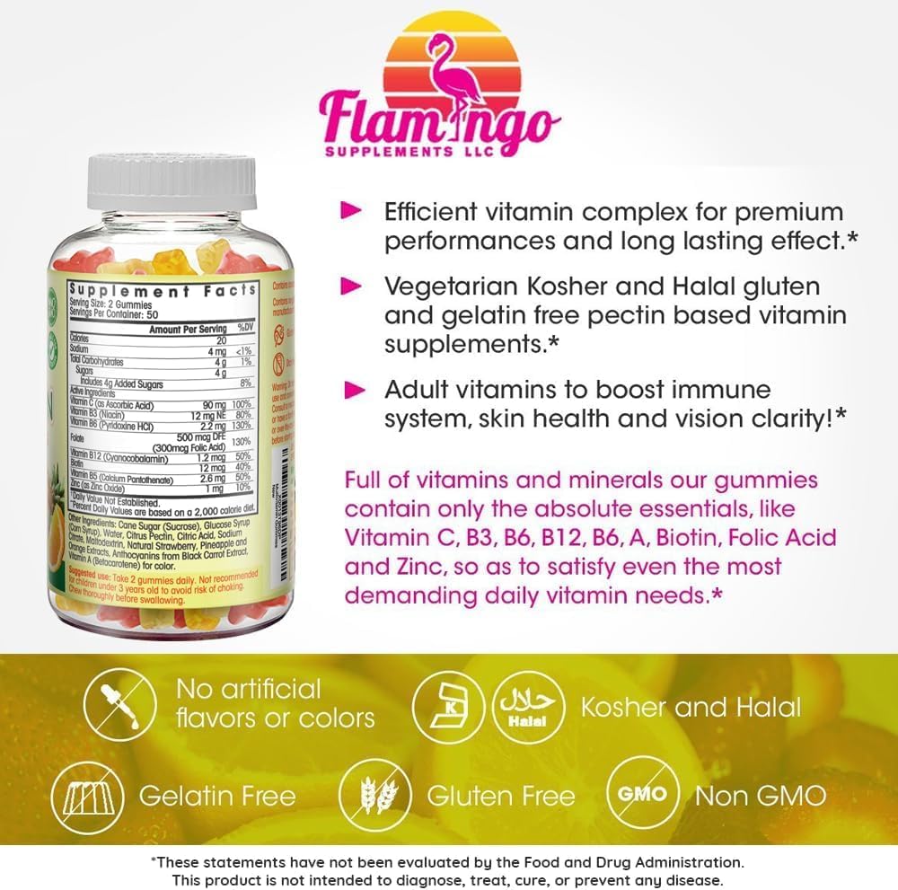 Flamingo Supplements Multivitamin Gummies | Vegan Friendly, Kosher Halal NO Gluten or Gelatin, no GMO| for Men, Women & Kids| 3 Natural Flavors | Vitamins C, B3, B12, Biotin, Zinc & More| 100 Gummies - Image 2