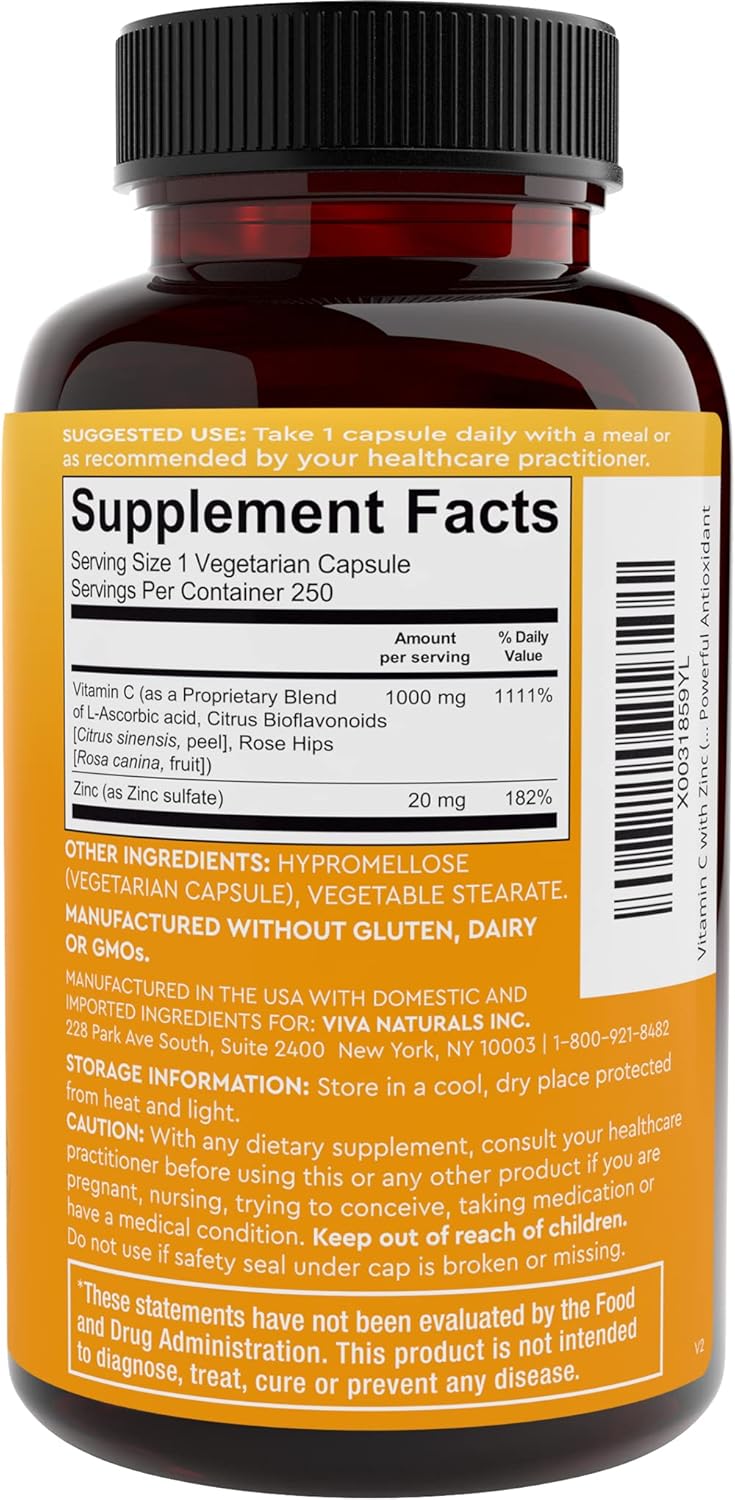 Viva Naturals 1000 mg Vitamin C and Zinc 20 mg Supplement - Proprietary Blend of Ascorbic Acid Vitamin C with Rose hips and Bioflavonoids for Immune Support -250 Veggie Capsules with 8 Months Supply - Image 8