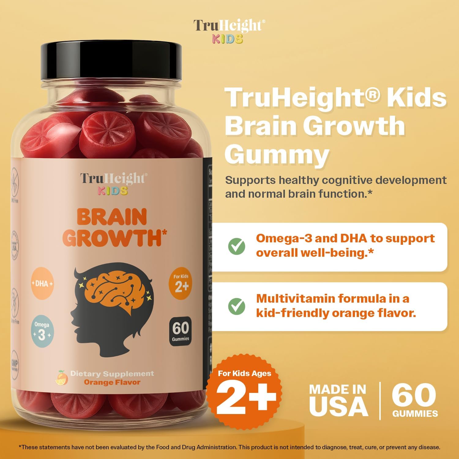 TruHeight Kids Brain Growth Gummies (Orange, Ages 2+) All Natural Kids & Teens Vitamins - Omega 3 Gummies Supports Brain Growth, Mental Clarity, Focus, Eye Health, Memory Supplements, DHA Multivitamin - Image 2