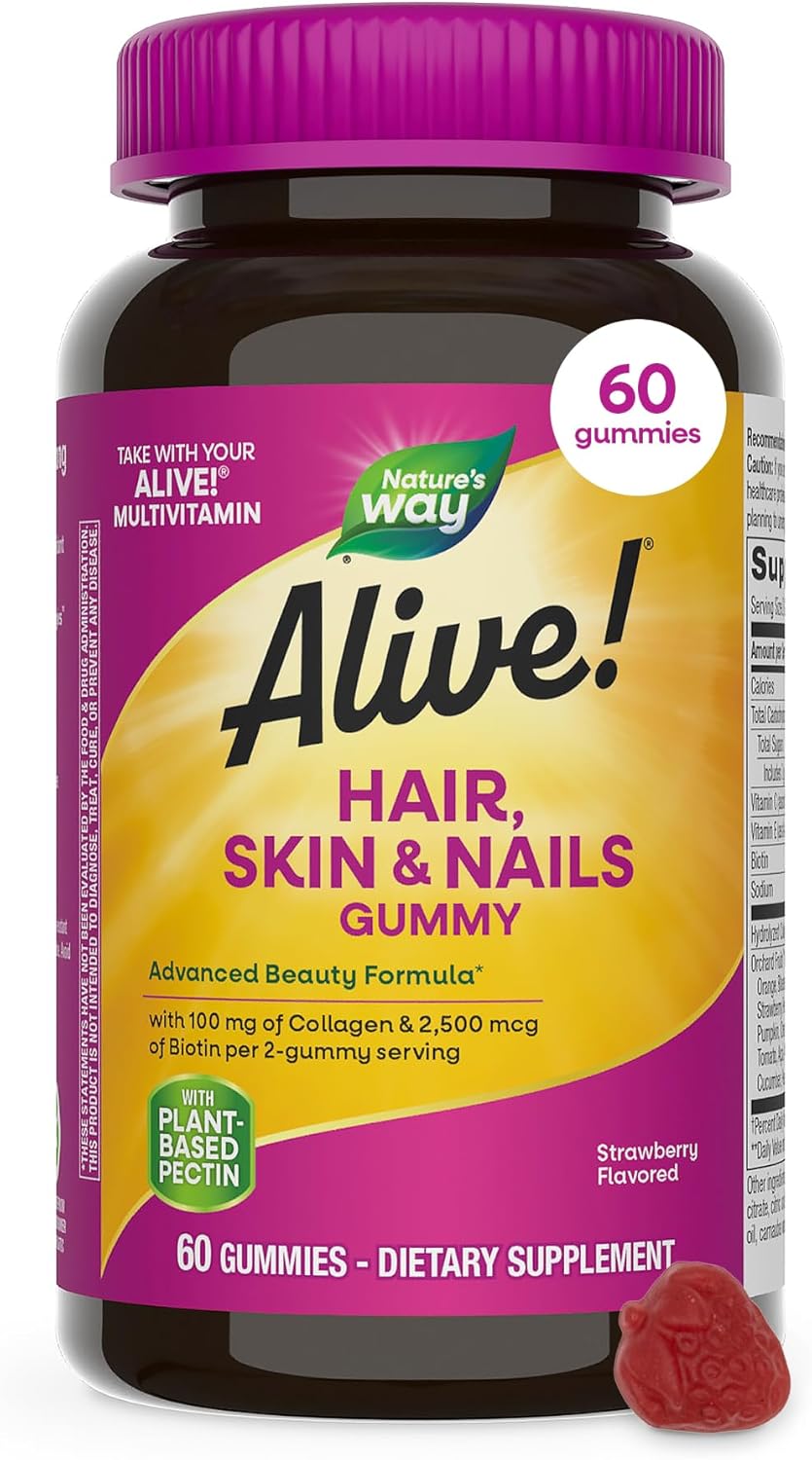 Nature's Way Alive! Hair, Skin & Nails Gummies with Collagen and Biotin, Advanced Beauty Formula Supplement with Antioxidant Vitamins C & E*, Strawberry Flavored, 60 Gummies