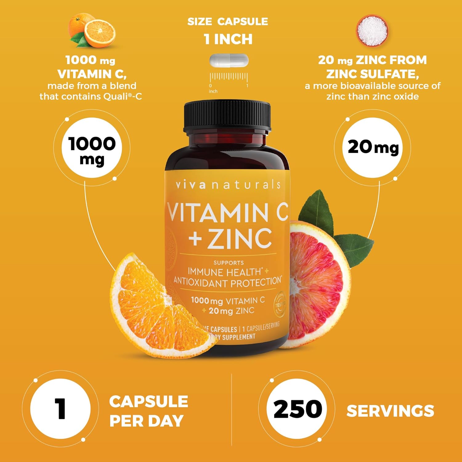 Viva Naturals 1000 mg Vitamin C and Zinc 20 mg Supplement - Proprietary Blend of Ascorbic Acid Vitamin C with Rose hips and Bioflavonoids for Immune Support -250 Veggie Capsules with 8 Months Supply - Image 4