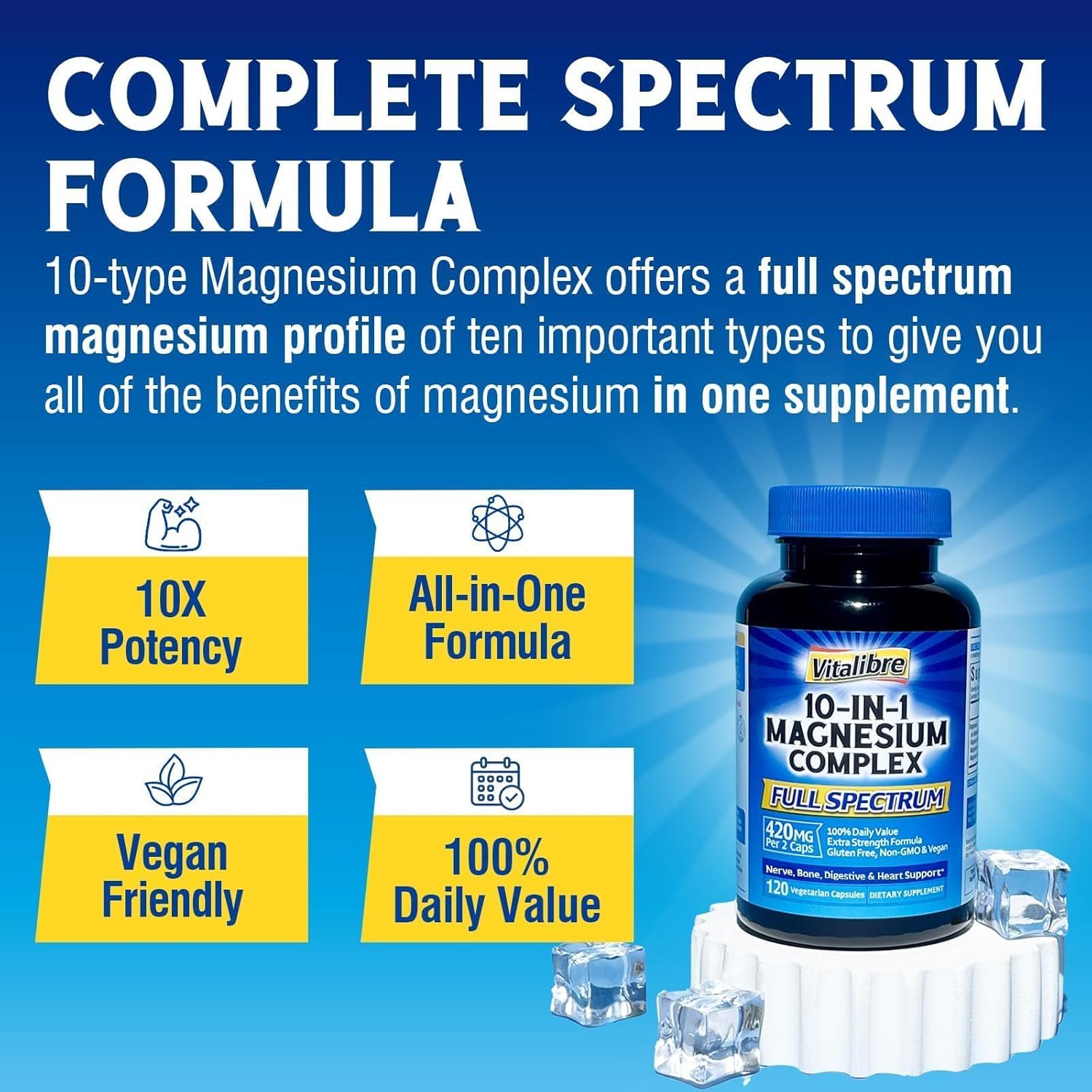 Vitalibre 10 in 1 Magnesium Complex, 420mg Elemental Magnesium | Ultra Strength, Max Absorption | Chelated Magnesium Supplement for Nerves, Bone & Heart Health | Non-GMO, 120 Vegan Capsules - Image 3