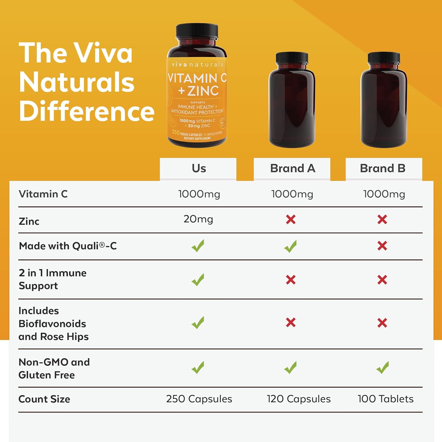 Viva Naturals 1000 mg Vitamin C and Zinc 20 mg Supplement - Proprietary Blend of Ascorbic Acid Vitamin C with Rose hips and Bioflavonoids for Immune Support -250 Veggie Capsules with 8 Months Supply - Image 6