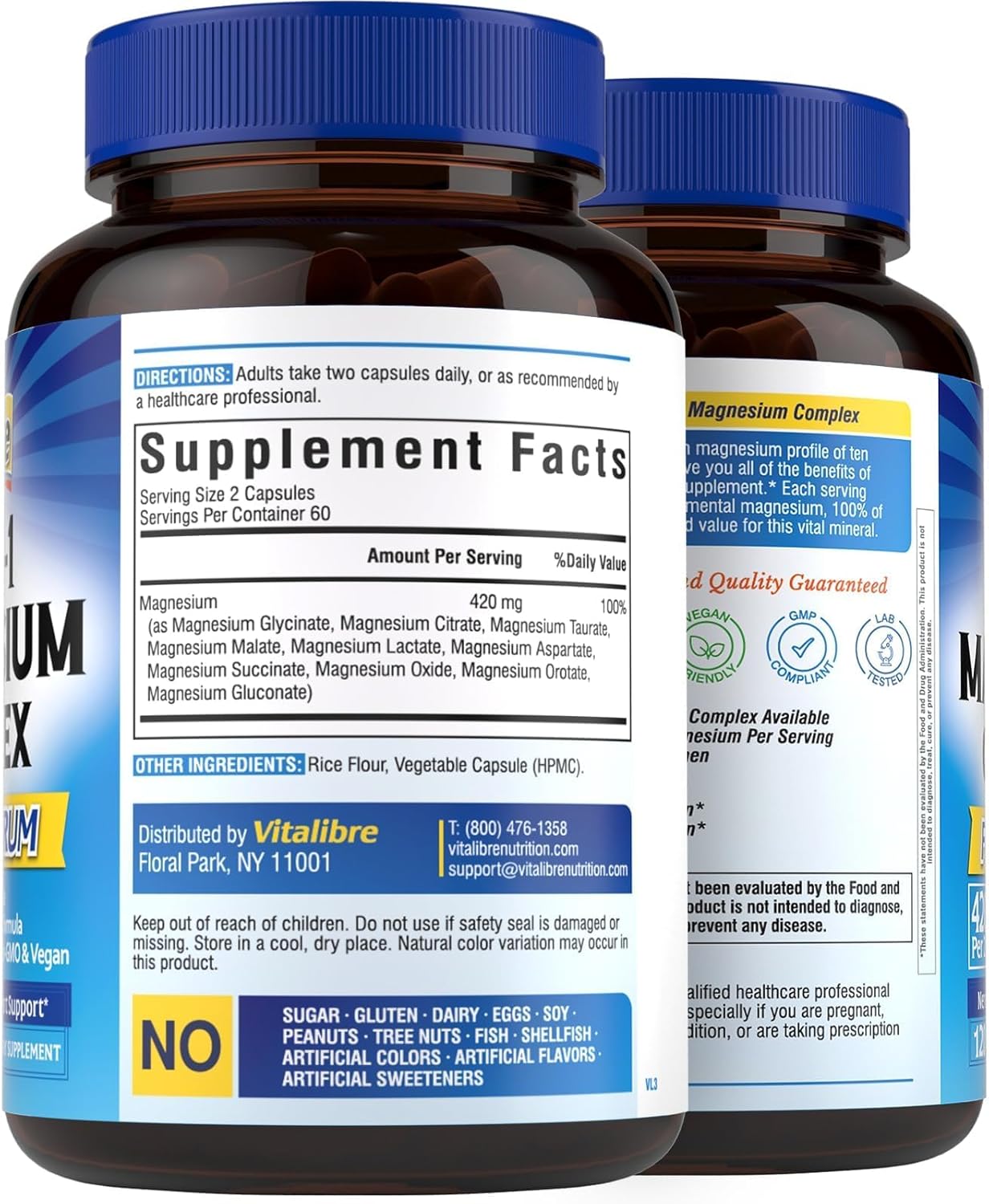 Vitalibre 10 in 1 Magnesium Complex, 420mg Elemental Magnesium | Ultra Strength, Max Absorption | Chelated Magnesium Supplement for Nerves, Bone & Heart Health | Non-GMO, 120 Vegan Capsules - Image 9