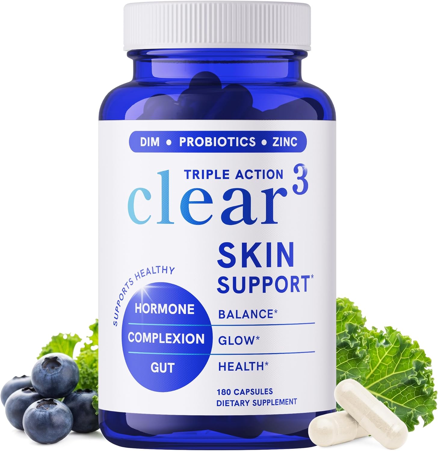 Clear Skin Supplement with Zinc, DIM & Probiotics | 3-in-1 Hormone, Gut & Complexion Support | Triple Action Hyaluronic Acid, Niaciminide & Vitamins for Skin Balance, Glow & Health Support | 180 Ct