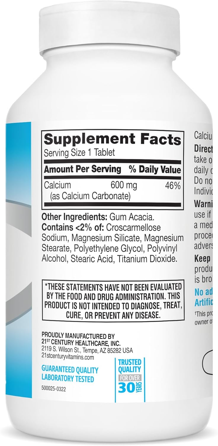 21st Century Calcium 600 mg Supplement (400 Tablets), Vegan-Friendly Bone Strength Calcium Supplement, Non-GMO & Gluten-Free Calcium Carbonate, No Artificial Flavors, Suitable for Men & Women - Image 8