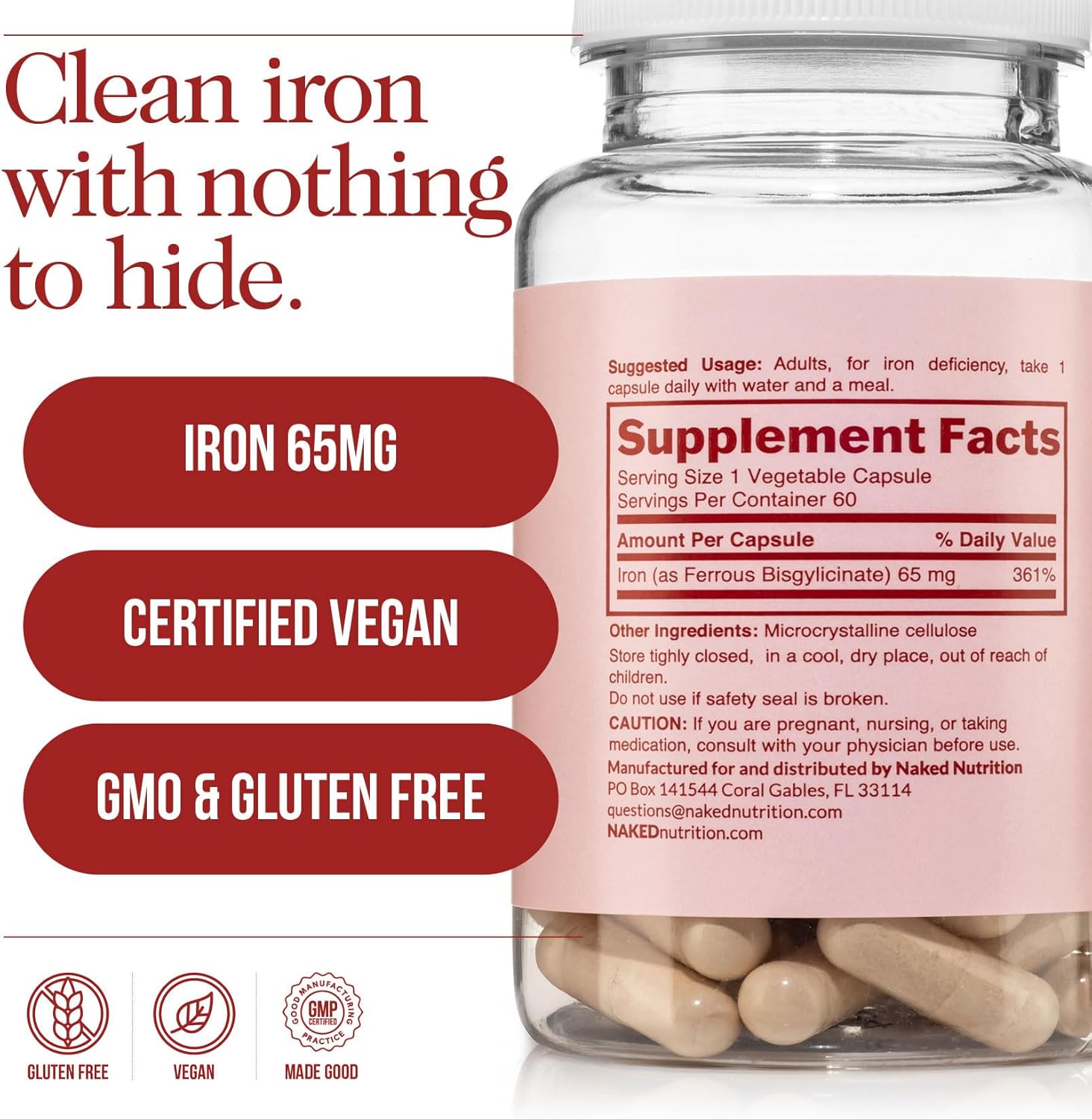 Naked Iron 65mg, 325mg Ferrous Bisglycinate - High Potency Iron Supplement for Iron Deficiency, Cellular Energy Support, Promotes Healthy Red Blood Cell Production, Non-GMO, Gluten-Free, 60 Capsules - Image 5