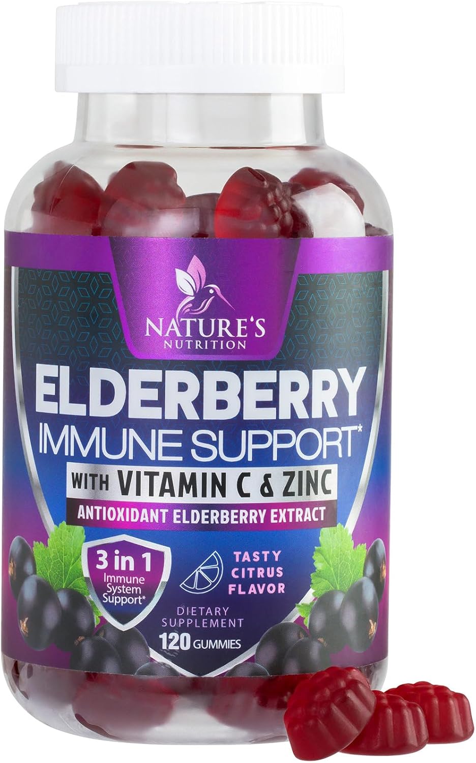 Elderberry Immune Support Gummies - 3X Strength Sambucus Elderberry Gummy with Vitamin C, D3 & Zinc - Nature’s Black Elderberry Extract - Immune Support Supplement for Adults & Kids - 120 Gummies