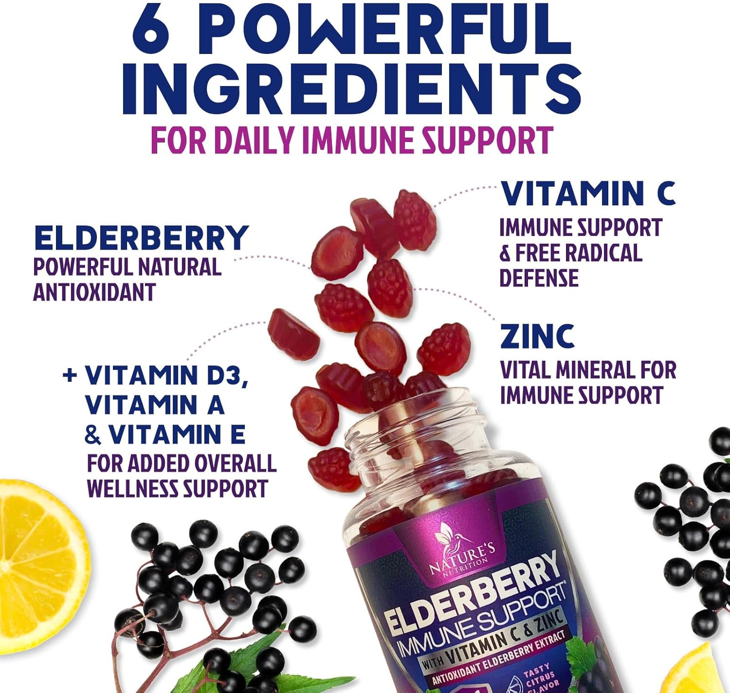 Elderberry Immune Support Gummies - 3X Strength Sambucus Elderberry Gummy with Vitamin C, D3 & Zinc - Nature’s Black Elderberry Extract - Immune Support Supplement for Adults & Kids - 120 Gummies - Image 3