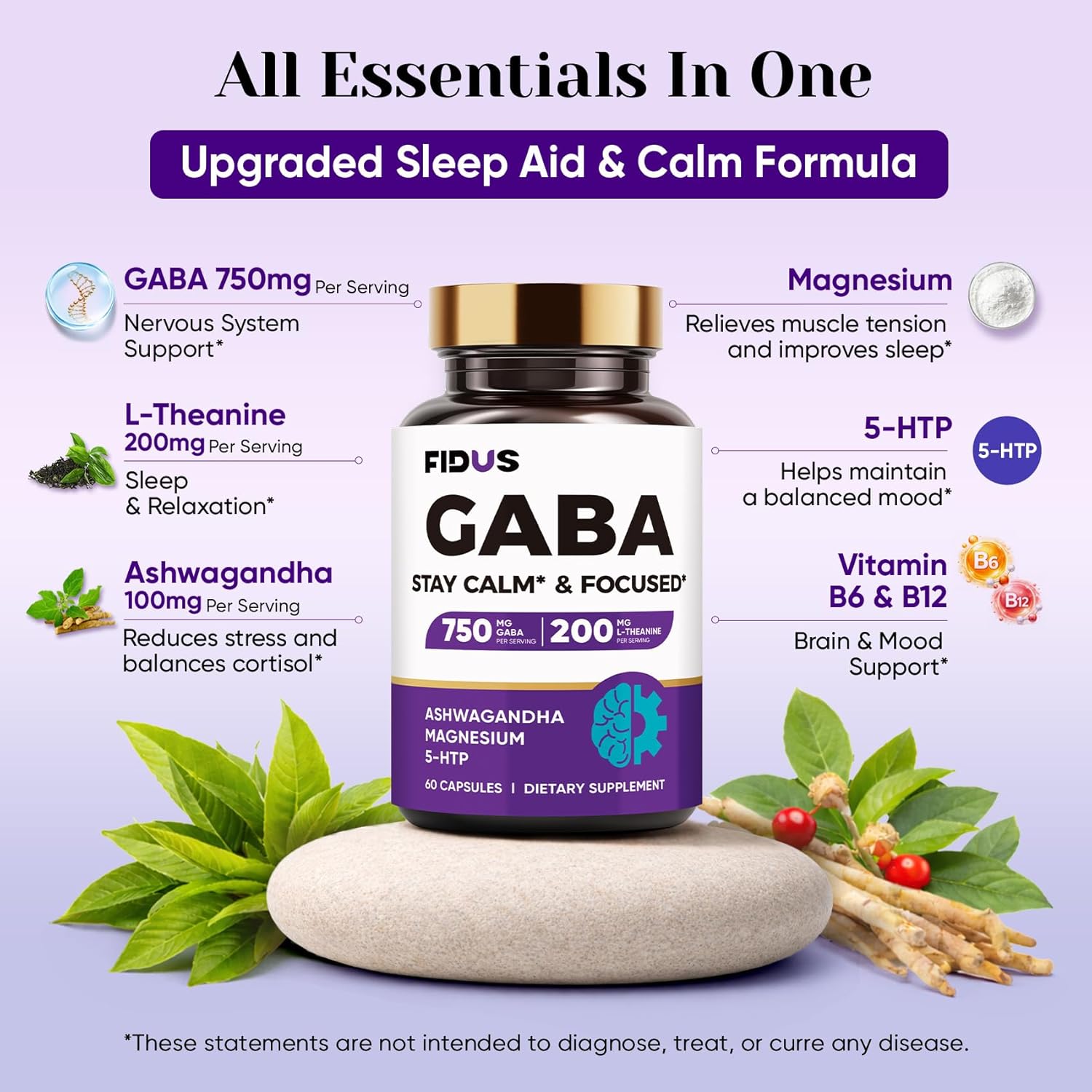 GABA L-Theanine Ashwagandha - 1050mg Blend - Made in USA - Advanced Sleep Aid & Calm- Magnesium, 5-HTP, Vitamin B6 & B12, GABA (Gamma Aminobutyric Acid) Supplement - Melatonin-Free & Non-Habit Forming - Image 3