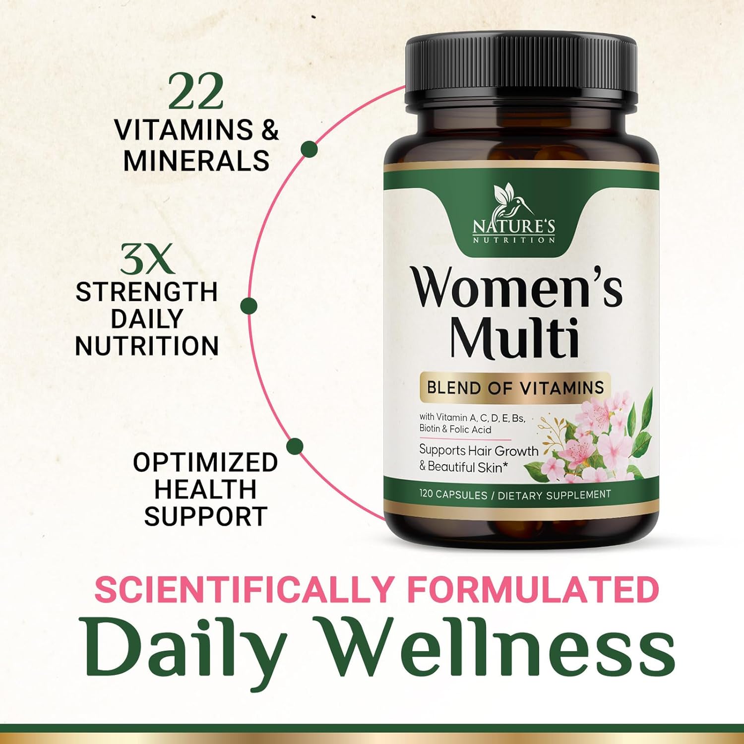 Multivitamin for Women - Complete Multi Vitamin with Vitamins A, C, D, E, B6, B12, Zinc, Calcium & Magnesium, Womens Daily Multimineral Supplement for Hair Skin and Nails Health Support - 120 Capsules - Image 5