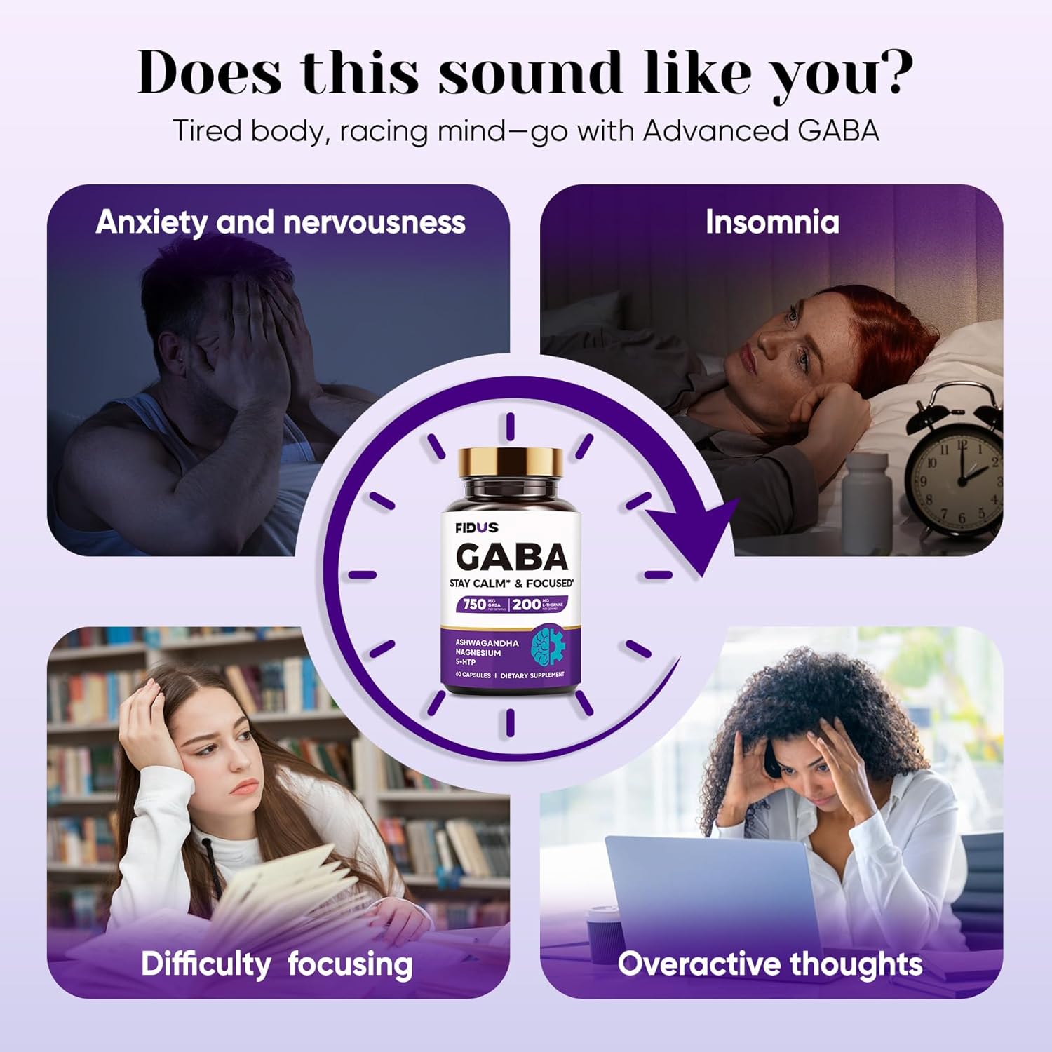 GABA L-Theanine Ashwagandha - 1050mg Blend - Made in USA - Advanced Sleep Aid & Calm- Magnesium, 5-HTP, Vitamin B6 & B12, GABA (Gamma Aminobutyric Acid) Supplement - Melatonin-Free & Non-Habit Forming - Image 2