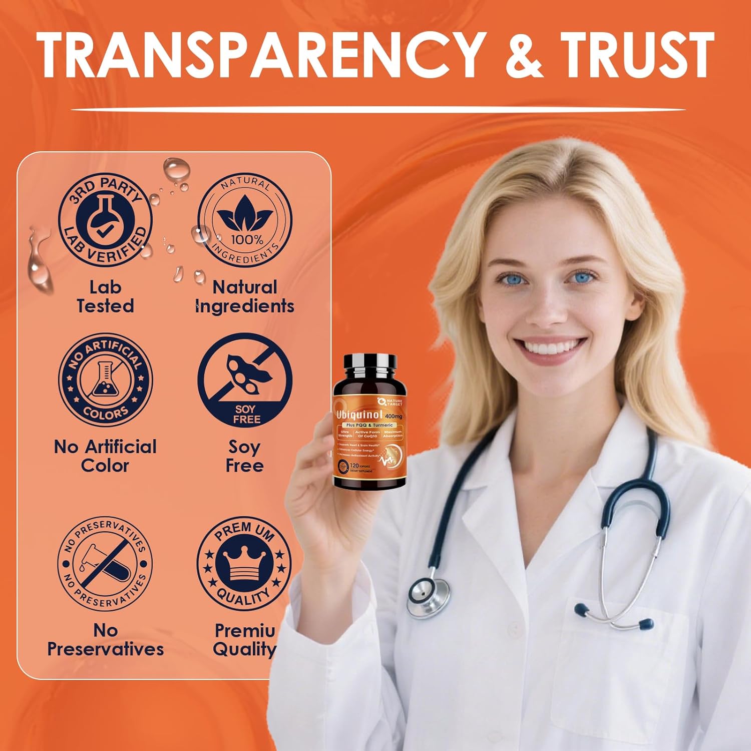 NATURE TARGET Ubiquinol CoQ10 400mg Softgels with PQQ,Turmeric, High-Absorption Coenzyme Q10 Supplement with ALA & Black Pepper, Antioxidant for Heart & Brain Health and Energy Production, 120 Count. - Image 8