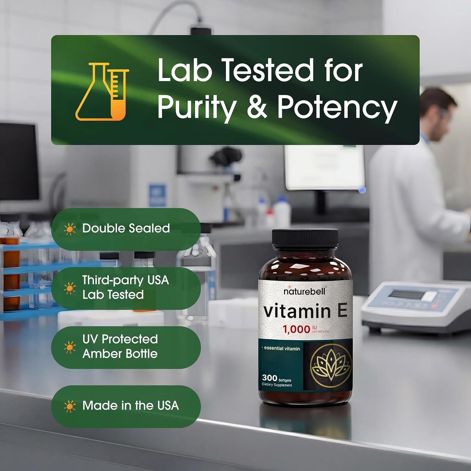 NatureBell Vitamin E 1,000 IU Per Serving - 300 Softgels (5-Month Supply) - 3rd Party Tested Antioxidant Supplement for Skin, Heart & Brain Health Support - High Potency* - Gluten-Free & Non-GMO - Image 5