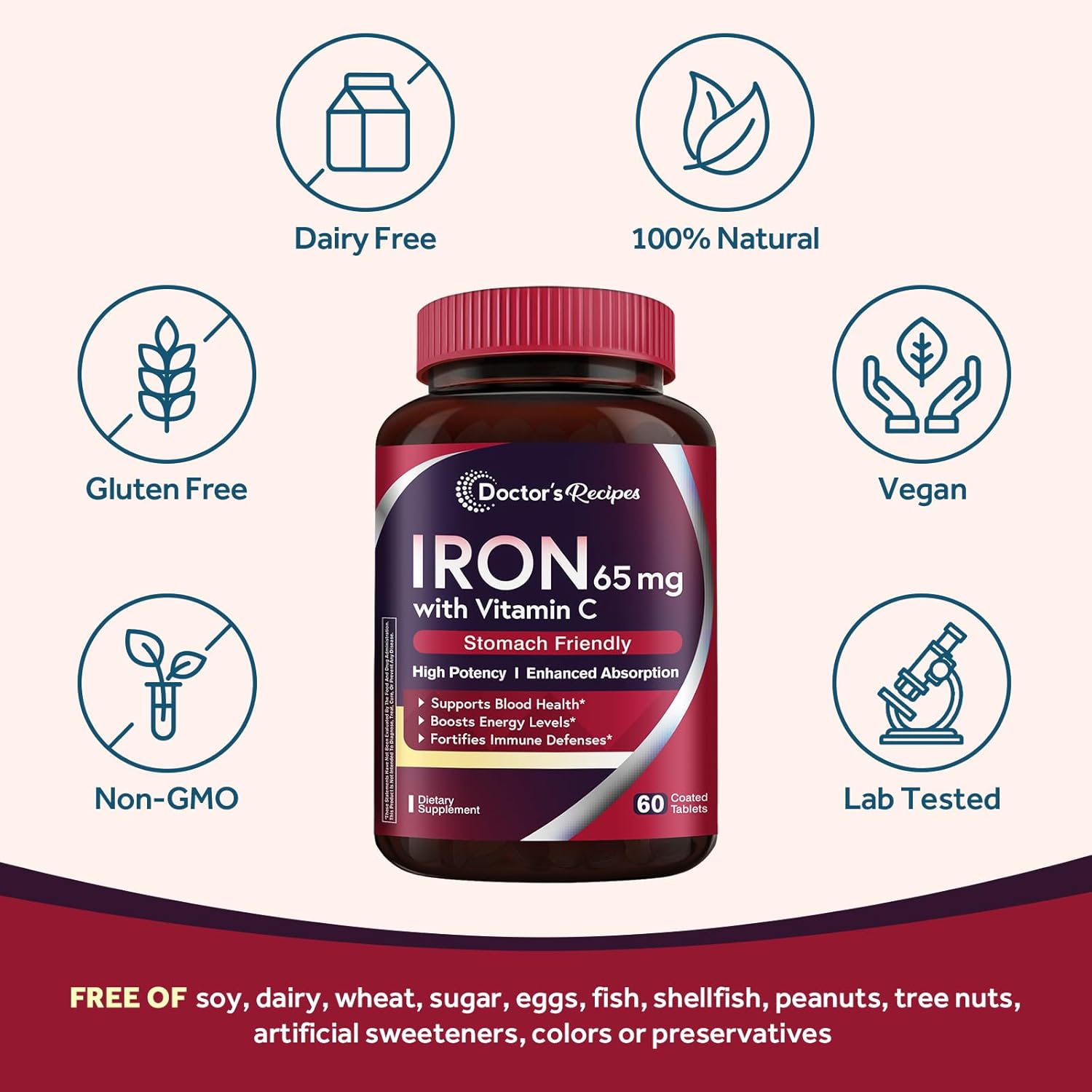 Doctor's Recipes Iron Supplement 65 mg with Vitamin C - Maximized Absorption & Stomach Friendly Iron Pills for Red Blood Cells Formation, Heart, Brain & Immunity Health - Vegan Non-GMO 60 Iron Tablets - Image 4