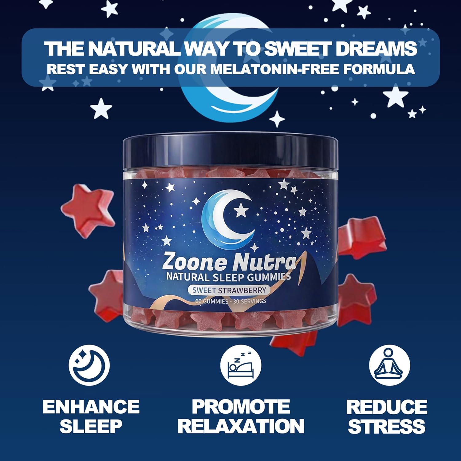 Sleep Gummies for Adults – Melatonin Free Gummies with 5-HTP, L-Theanine, Magnesium & Valerian Root – Vegan, Halal, Sugar & Gluten Free – Sweet Strawberry 60 Count - Image 2