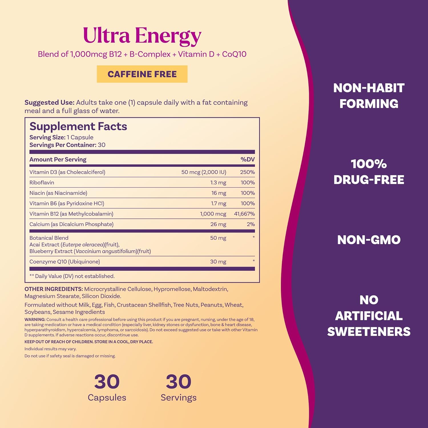 Natrol Ultra Energy 4-in-1 Blend 1000mcg B12, Vitamin B Complex, Vitamin D, CoQ10 Capsules 30 Ct, Vegetarian, Caffeine Free, Supports Cellular Energy Production - Image 4