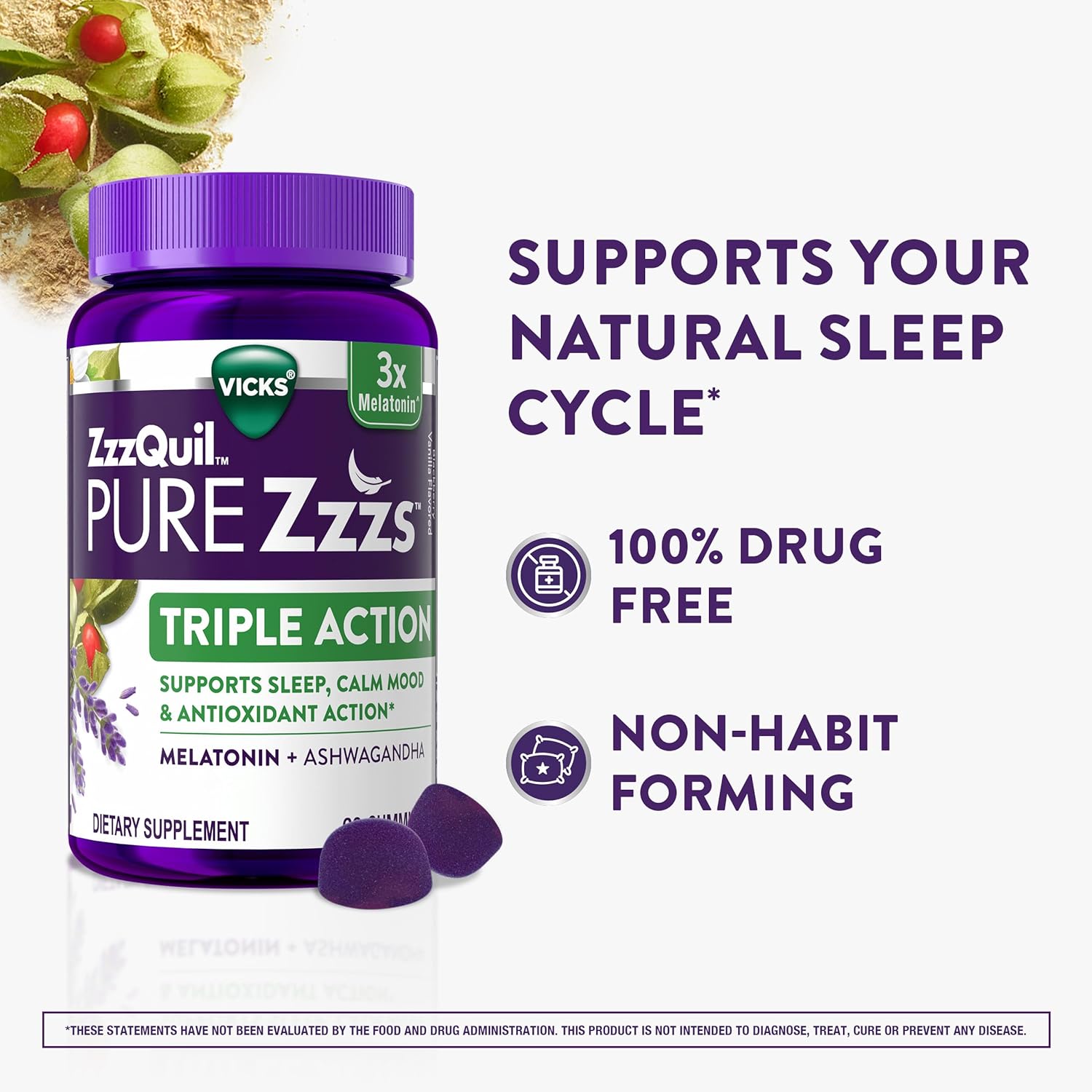 ZzzQuil PURE Zzzs Triple Action, Melatonin Gummies, Melatonin 6mg, 3X Melatonin, Sleep Aid with Ashwagandha, Calm Mood, Antioxidant Action, Sleep Aids for Adults, 60 Sleep Gummies - Image 3