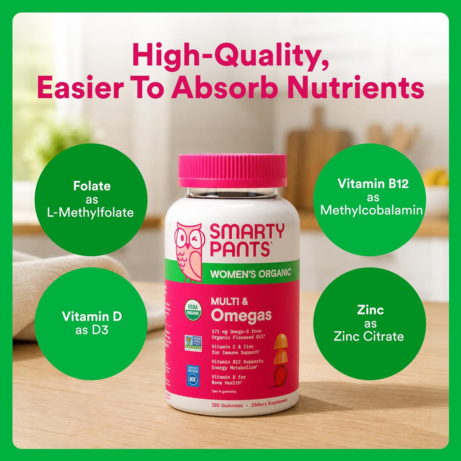 SmartyPants Organic Women's Multivitamin Gummies: Biotin, Methylfolate, Omega 3 (ALA), Vitamin D3, C, Vitamin B12, B6, A, K & Zinc, Inositol, Gluten Free, Vegetarian, 120 Count (30 Day Supply) - Image 6