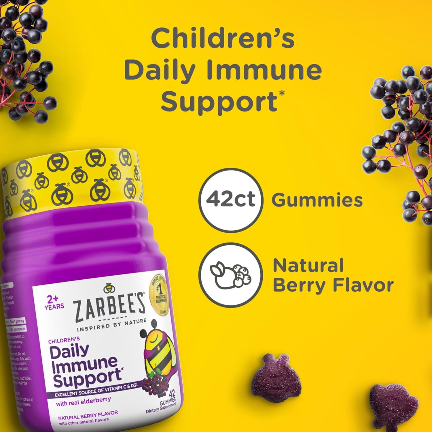 Zarbee’s Elderberry Gummies for Kids, Immune Support Supplement with Vitamins A, C, D3, E, & Zinc, Gluten & Gelatin Free, No Artificial Flavors, Natural Berry Flavor, Ages 2+, 42 ct - Image 2