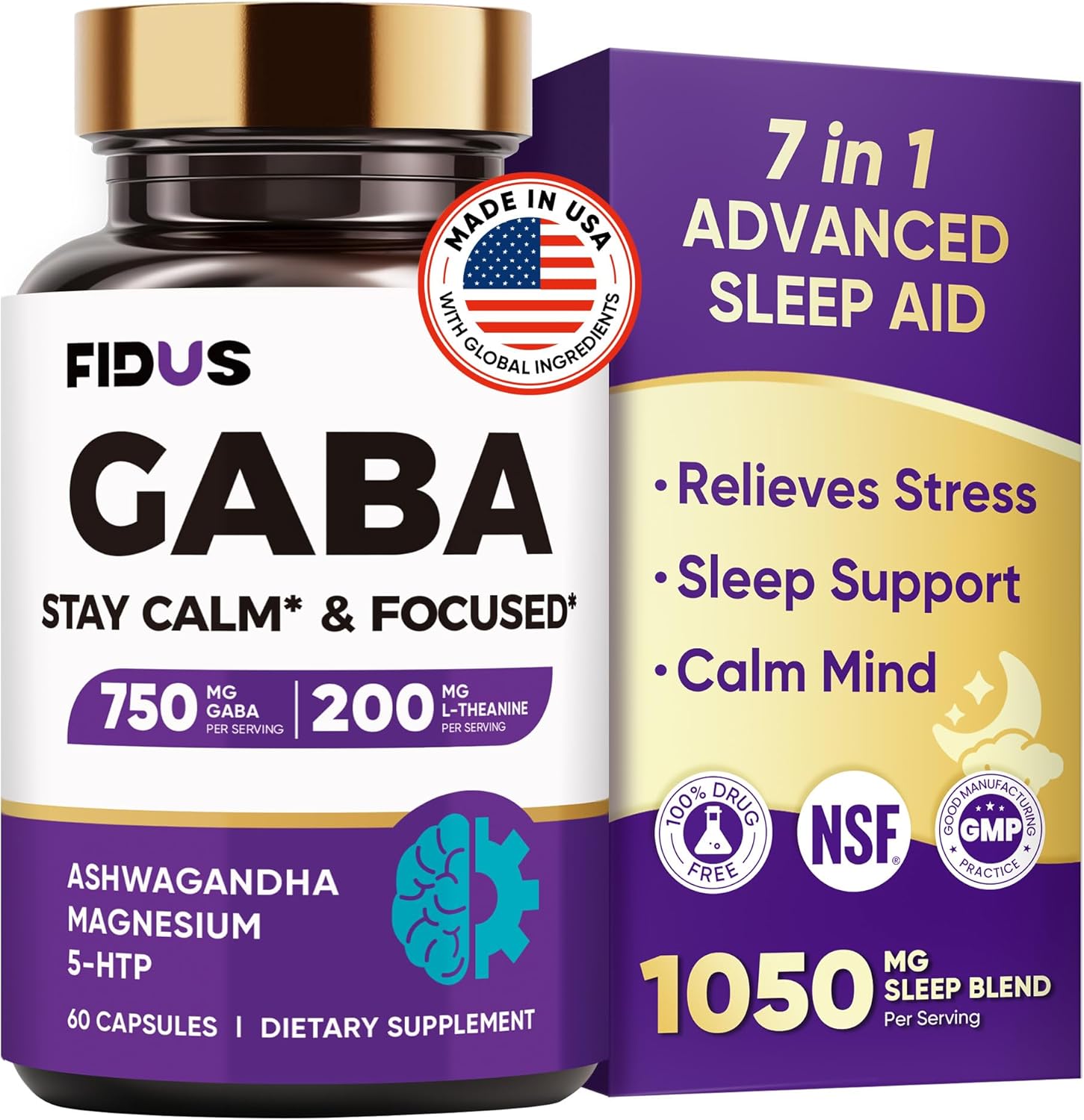 GABA L-Theanine Ashwagandha - 1050mg Blend - Made in USA - Advanced Sleep Aid & Calm- Magnesium, 5-HTP, Vitamin B6 & B12, GABA (Gamma Aminobutyric Acid) Supplement - Melatonin-Free & Non-Habit Forming