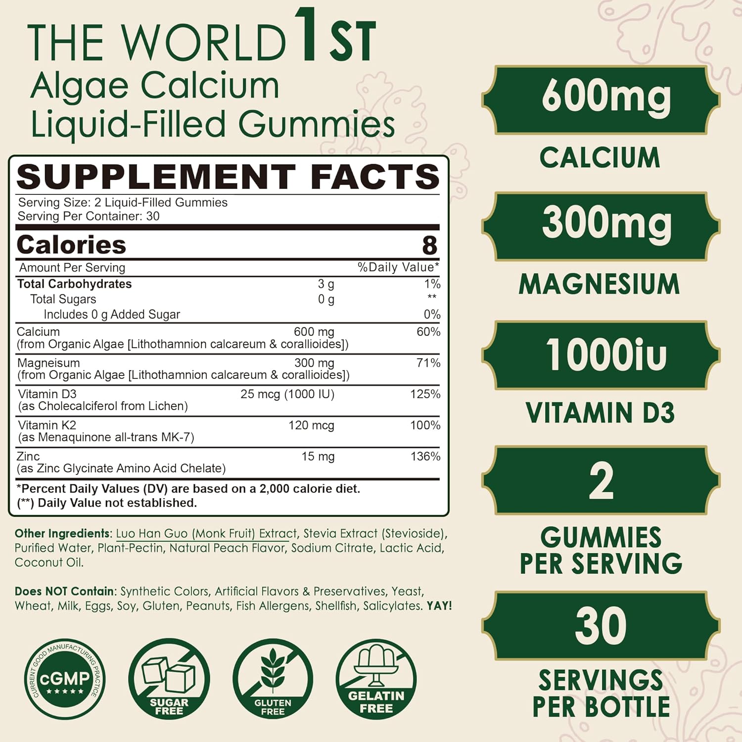 Plant Based Calcium Gummies 600mg with Vitamin D3 K2, Magnesium, Zinc for Bone Strength, Sugar Free Calcium Supplements for Women & Men (Certified Vegan) from Sustainably Organic Red Algae - 60 Counts - Image 2