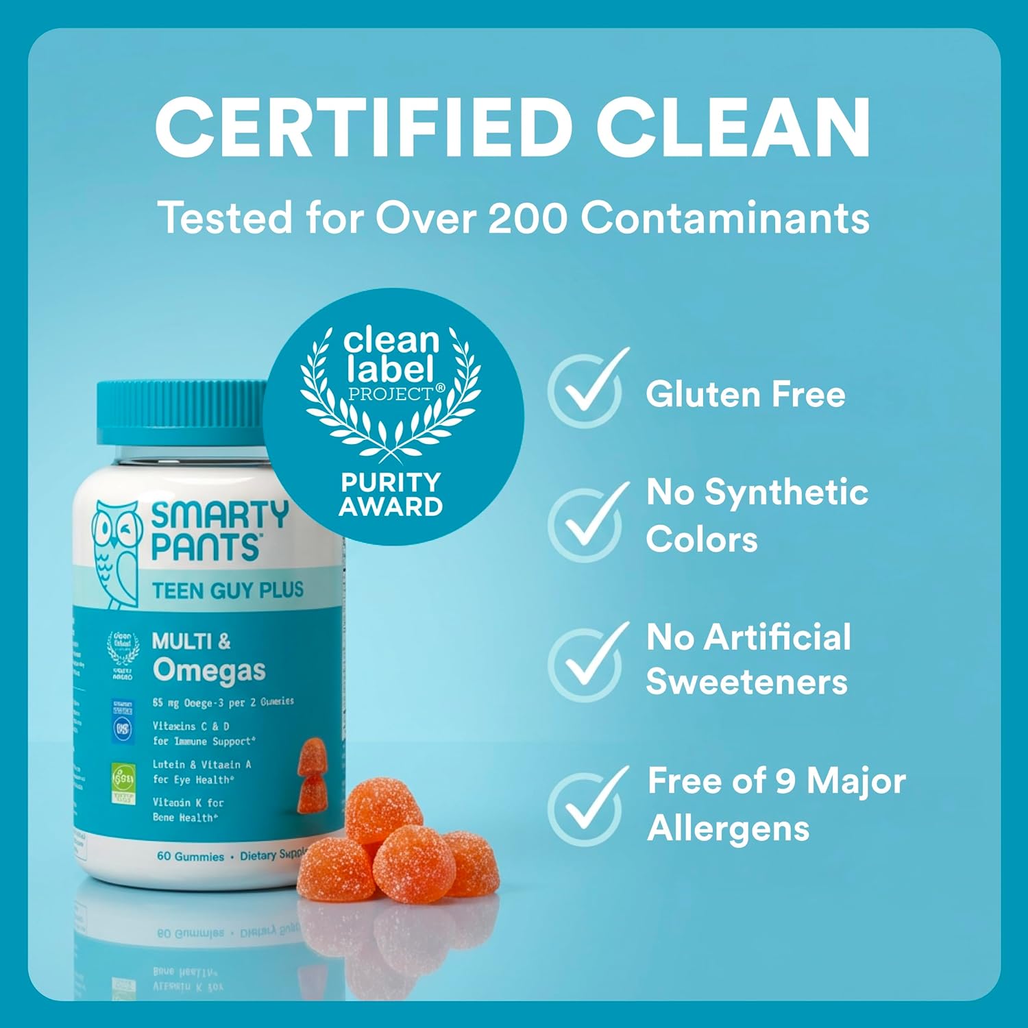 SmartyPants Teen Guy Plus Multi & Omegas Multivitamin Gummies with Omega 3 DHA/EPA, Vitamins D3, C, B12, B6, A, K, Zinc, Folate, Gluten Free, Clean Label, Pineapple Orange, 60 Gummies (30 Day Supply) - Image 8