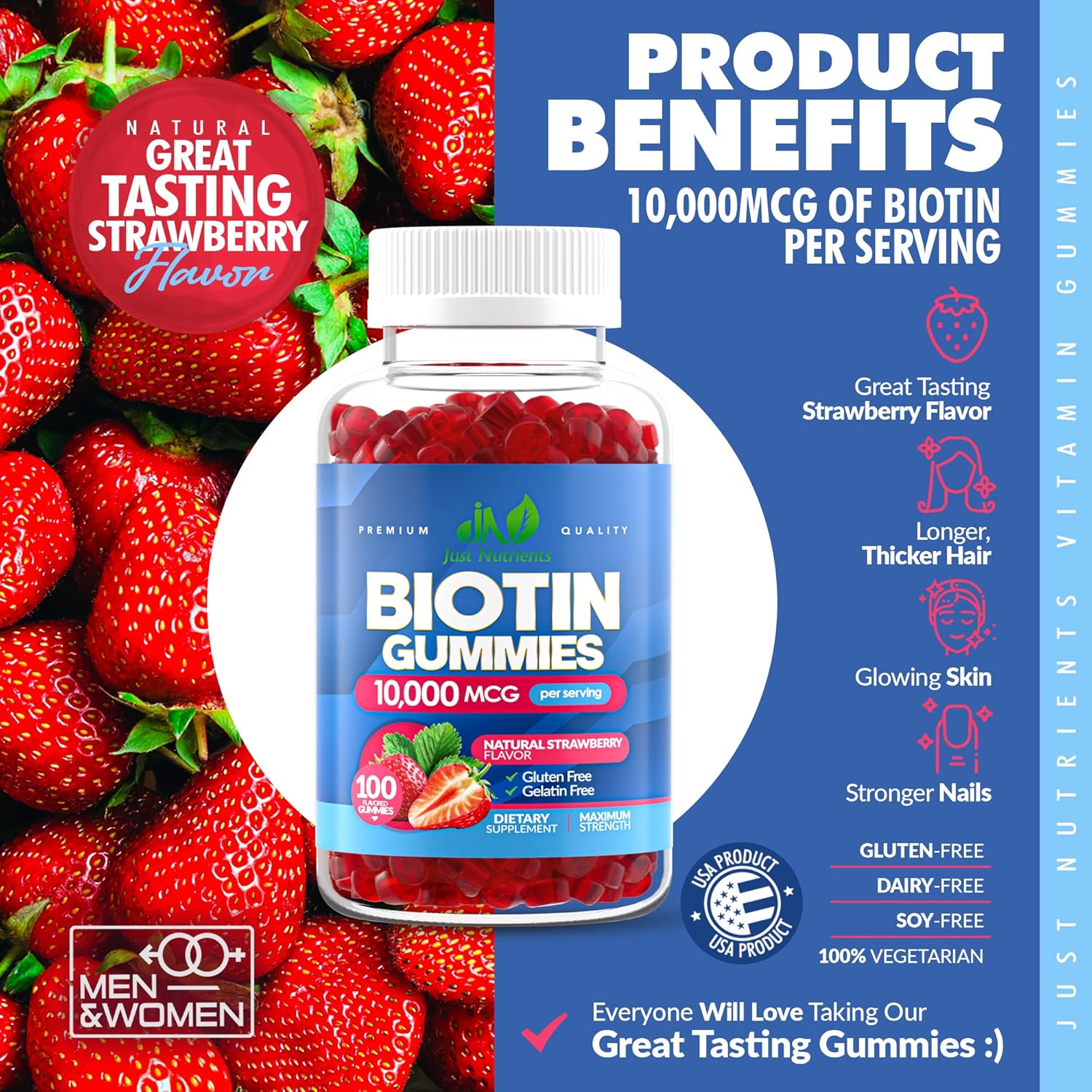 Biotin 10,000mcg Gummies for Hair Growth, Skin & Nails (100 Count) - 2x Maximum Strength Biotin Vitamins for Women & Men - Gluten-Free, Vegan, Great Tasting Strawberry Flavor - 100 Gummies - Image 3