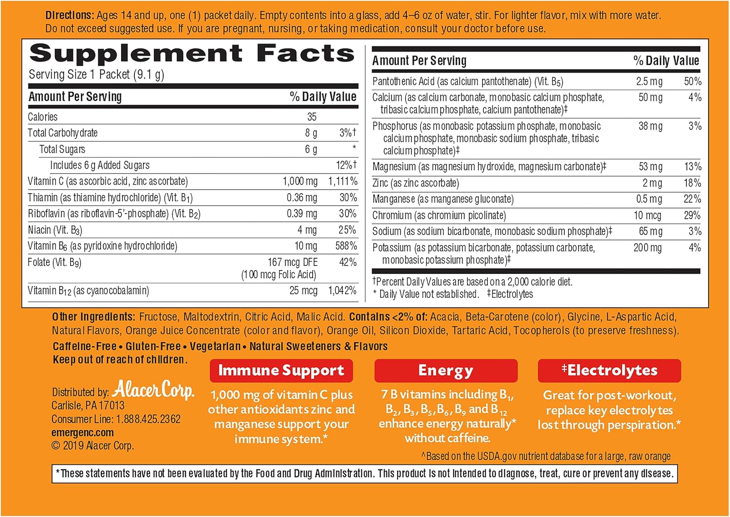 Emergen-C 1000mg Vitamin C Powder for Daily Immune Support Caffeine Free Vitamin C Supplements with Zinc and Manganese, B Vitamins and Electrolytes, Super Orange Flavor - 90 Count/3 Month Supply - Image 9