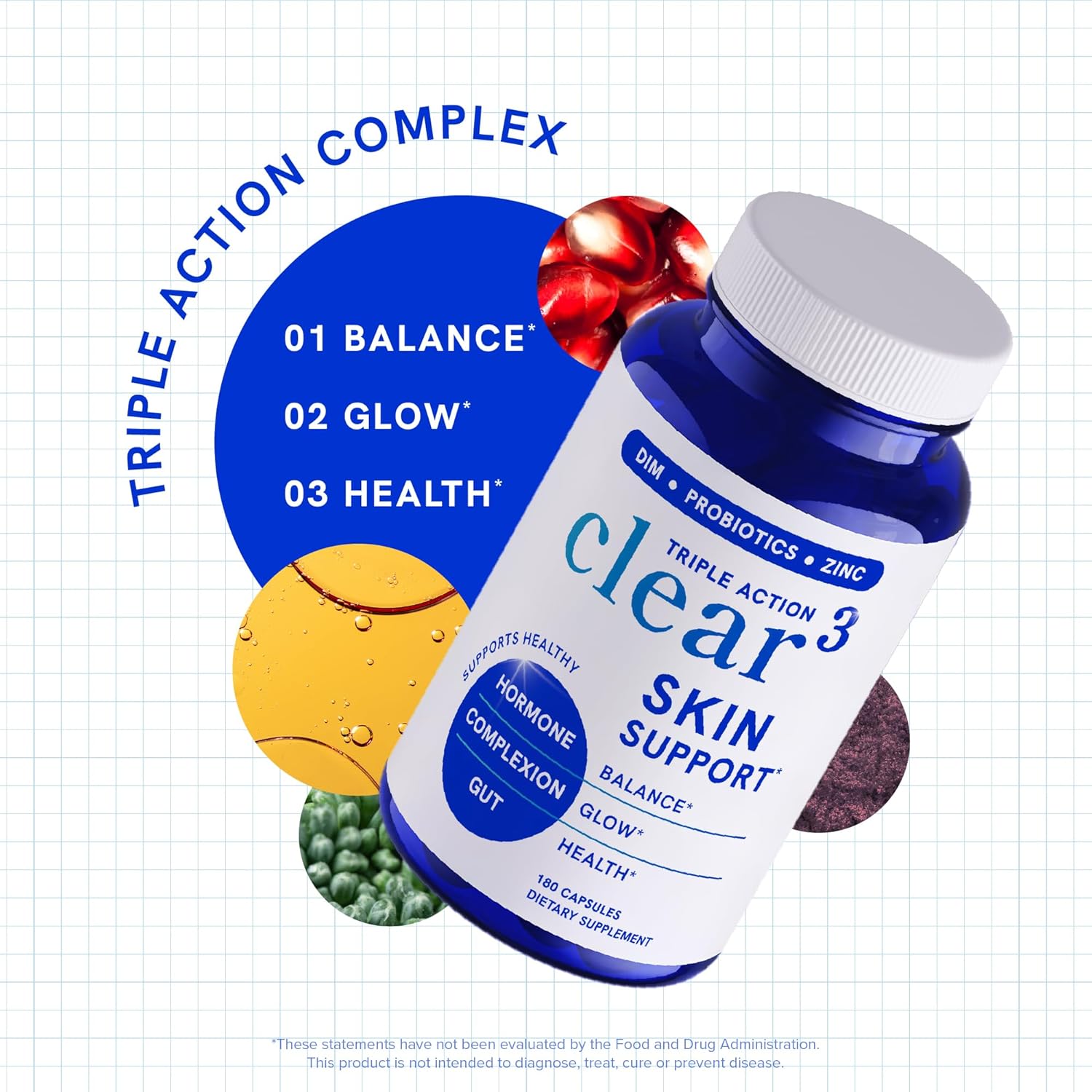 Clear Skin Supplement with Zinc, DIM & Probiotics | 3-in-1 Hormone, Gut & Complexion Support | Triple Action Hyaluronic Acid, Niaciminide & Vitamins for Skin Balance, Glow & Health Support | 180 Ct - Image 8