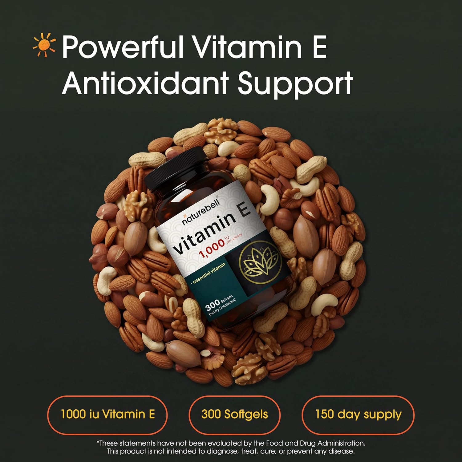 NatureBell Vitamin E 1,000 IU Per Serving - 300 Softgels (5-Month Supply) - 3rd Party Tested Antioxidant Supplement for Skin, Heart & Brain Health Support - High Potency* - Gluten-Free & Non-GMO - Image 2