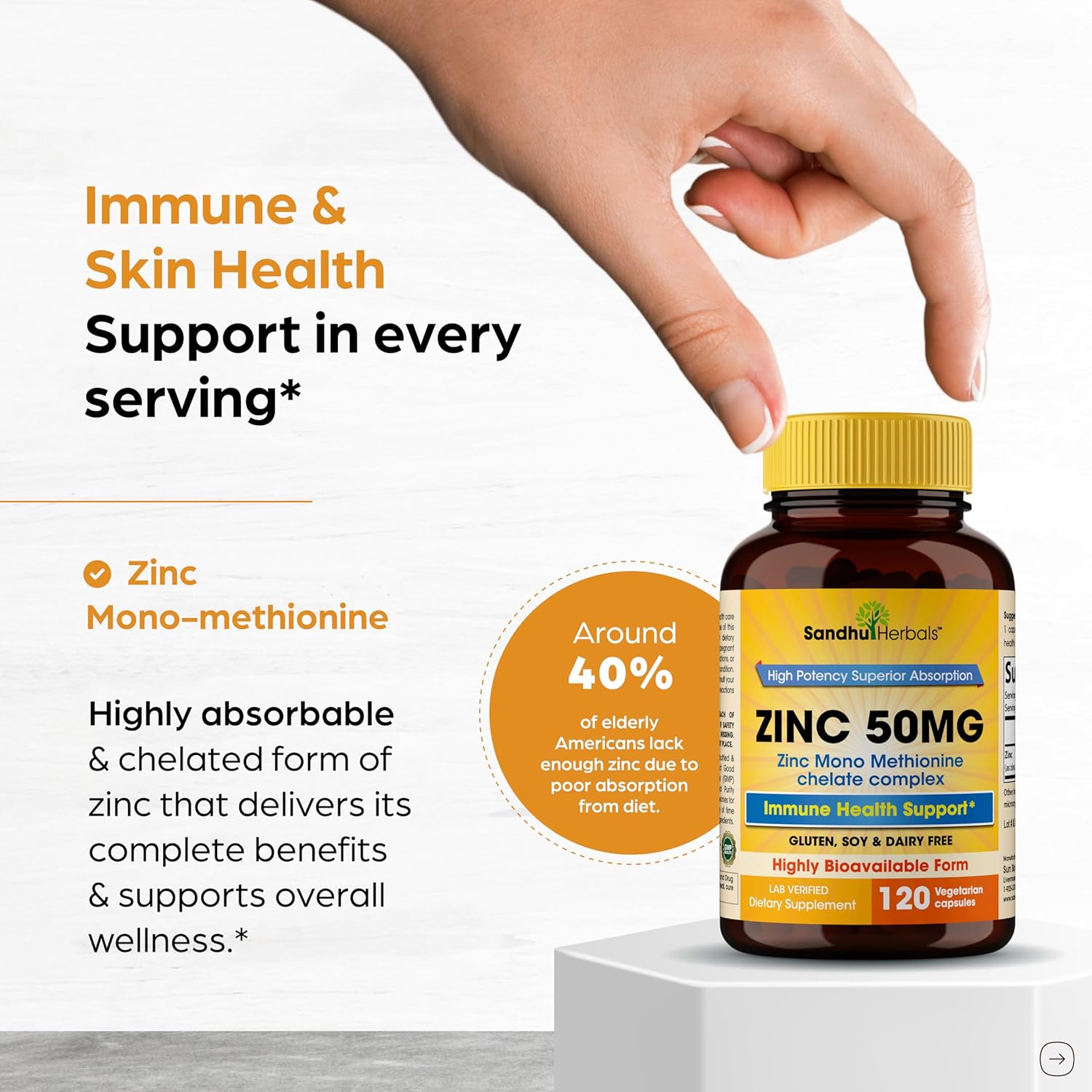 Zinc 50mg Capsules for Men and Women, 120 Count | Highly Absorbable Zinc Supplements for Immune System Support | Zink 50 mg Mono Methionine Chelated Complex |Helps with Skin Health & Overall Immunity - Image 2