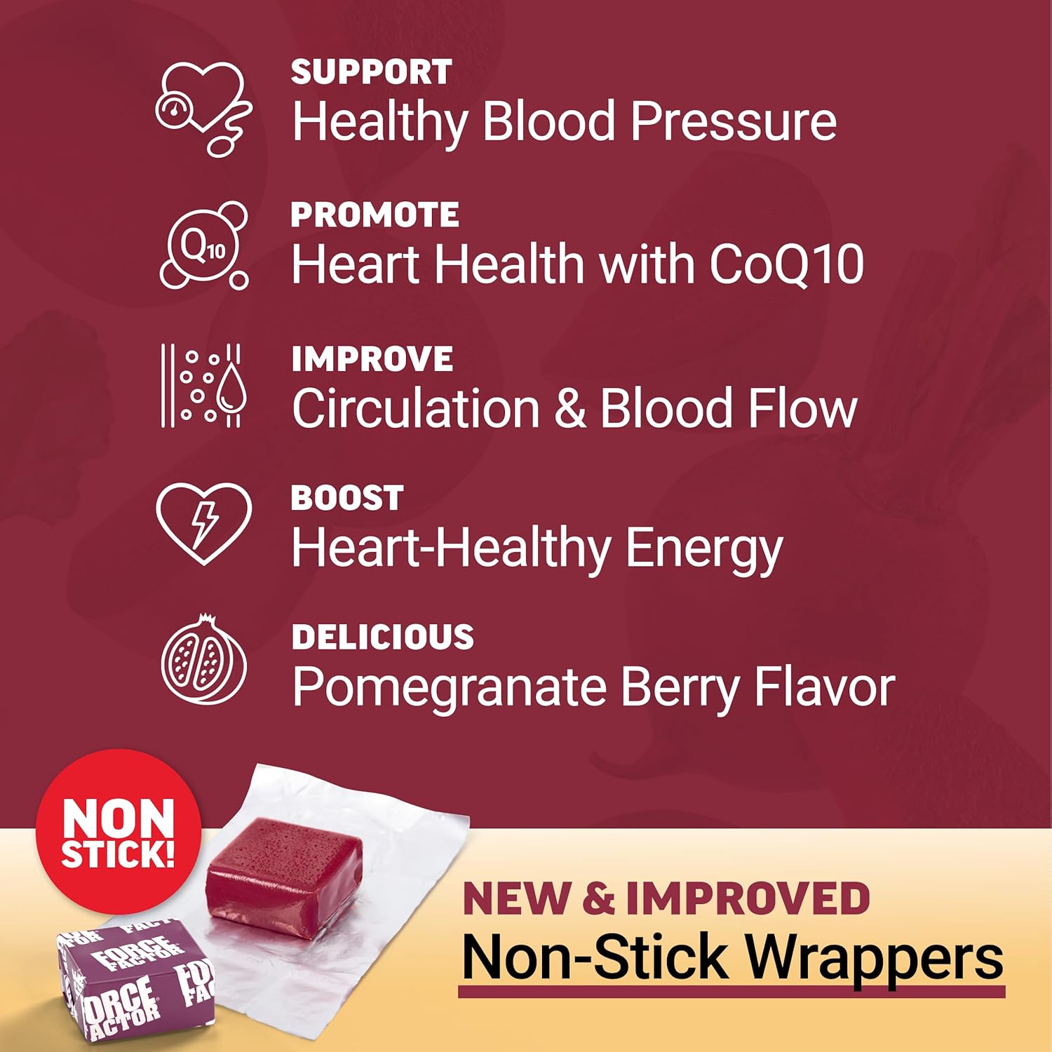 Force Factor Total Beets Ultimate Heart Health Chews for Blood Pressure Support, with Beetroot Powder, CoQ10, B Vitamins & Grapeseed Extract for Blood Flow & Energy, Pomegranate Berry, 60 Soft Chews - Image 3