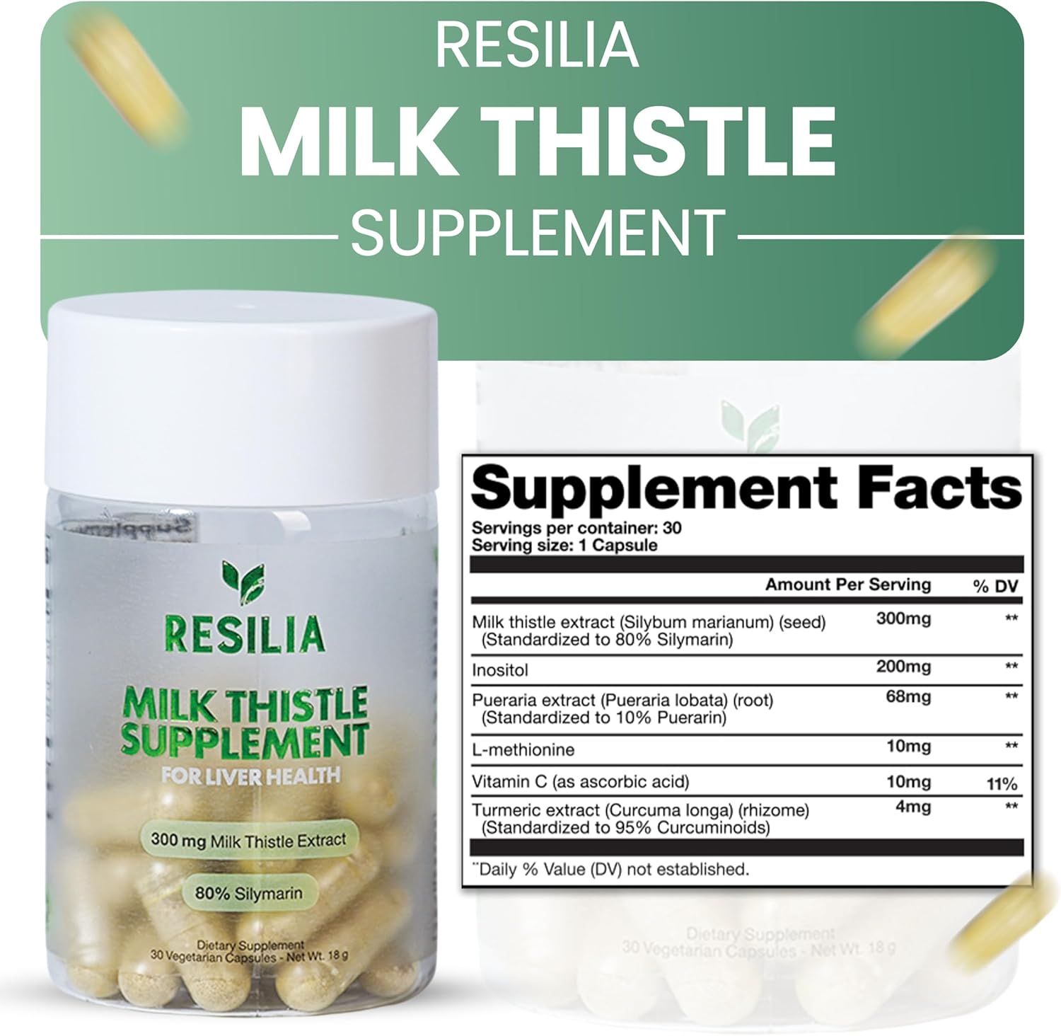Resilia Milk Thistle Silymarin – 300 mg Supplement with Vitamin C, Inositol, Pueraria Root & Turmeric Extract, High-Absorption Antioxidant-Focused Plant Formula, 30 Vegetarian Capsules - Image 3