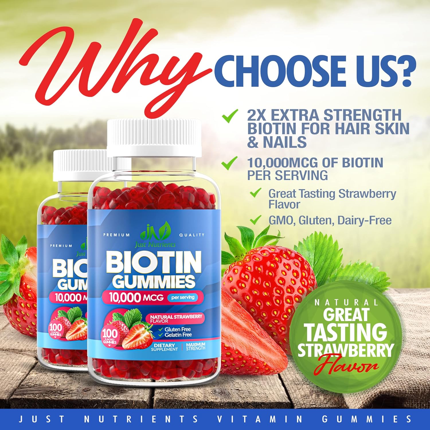 Biotin 10,000mcg Gummies for Hair Growth, Skin & Nails (100 Count) - 2x Maximum Strength Biotin Vitamins for Women & Men - Gluten-Free, Vegan, Great Tasting Strawberry Flavor - 100 Gummies - Image 2