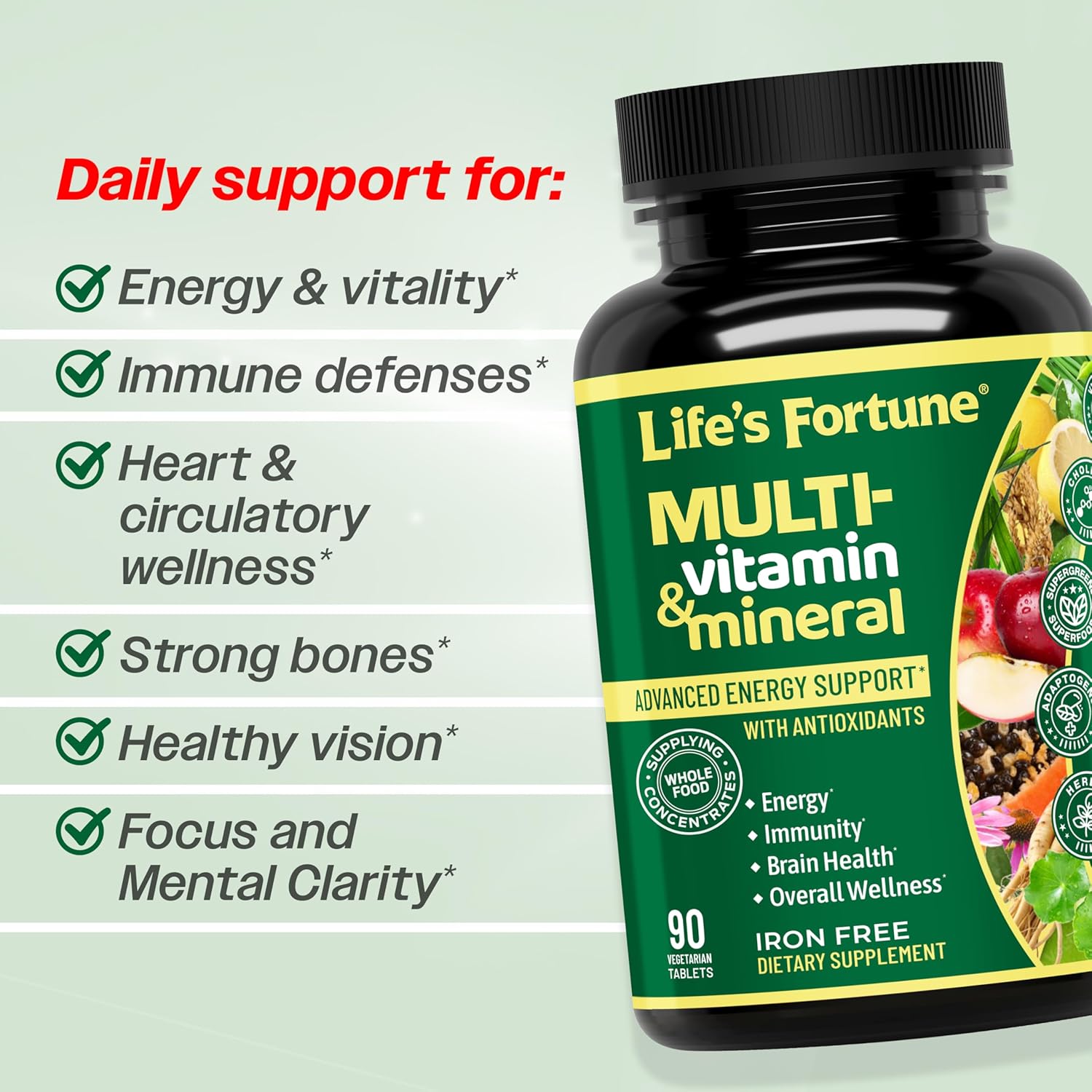 Life's Fortune Whole Food Multivitamin & Mineral Supplement for Men & Women – Energy Support Vitamins for Immune, Brain & Metabolism Support – Iron Free, 90 Vegetarian Tablets - Image 3