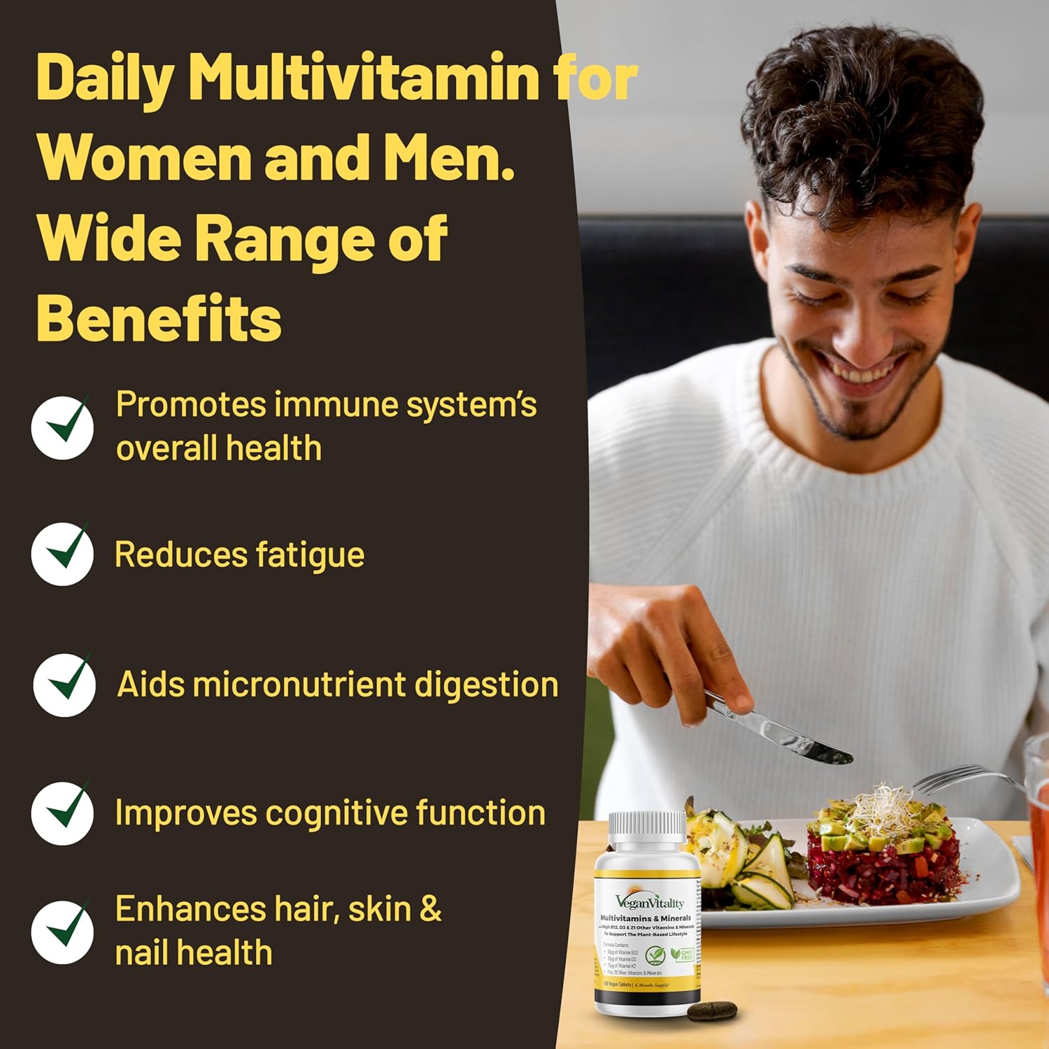 Vegan Vitality Multivitamins & Minerals for Women and Men with High Strength Vitamin B12, D3 & K2. 180 Vegan Multivitamin Tablets - 6 Months Supply. Vitamins for Vegans. Women Multivitamin - Image 2