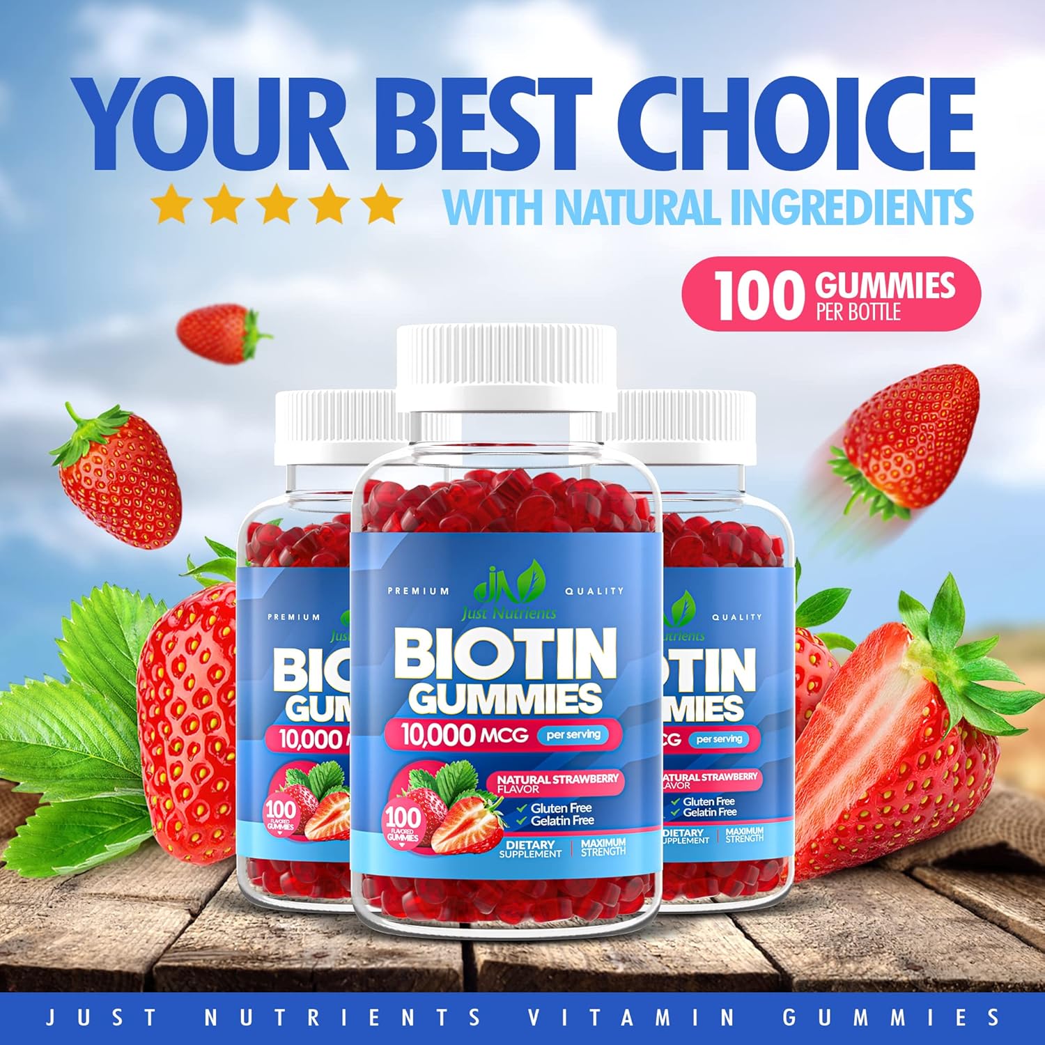Biotin 10,000mcg Gummies for Hair Growth, Skin & Nails (100 Count) - 2x Maximum Strength Biotin Vitamins for Women & Men - Gluten-Free, Vegan, Great Tasting Strawberry Flavor - 100 Gummies - Image 4