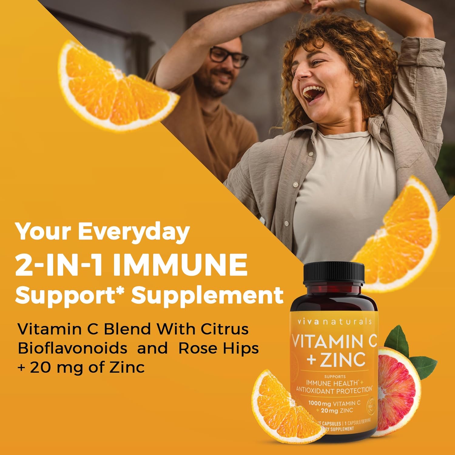Viva Naturals 1000 mg Vitamin C and Zinc 20 mg Supplement - Proprietary Blend of Ascorbic Acid Vitamin C with Rose hips and Bioflavonoids for Immune Support -250 Veggie Capsules with 8 Months Supply - Image 3