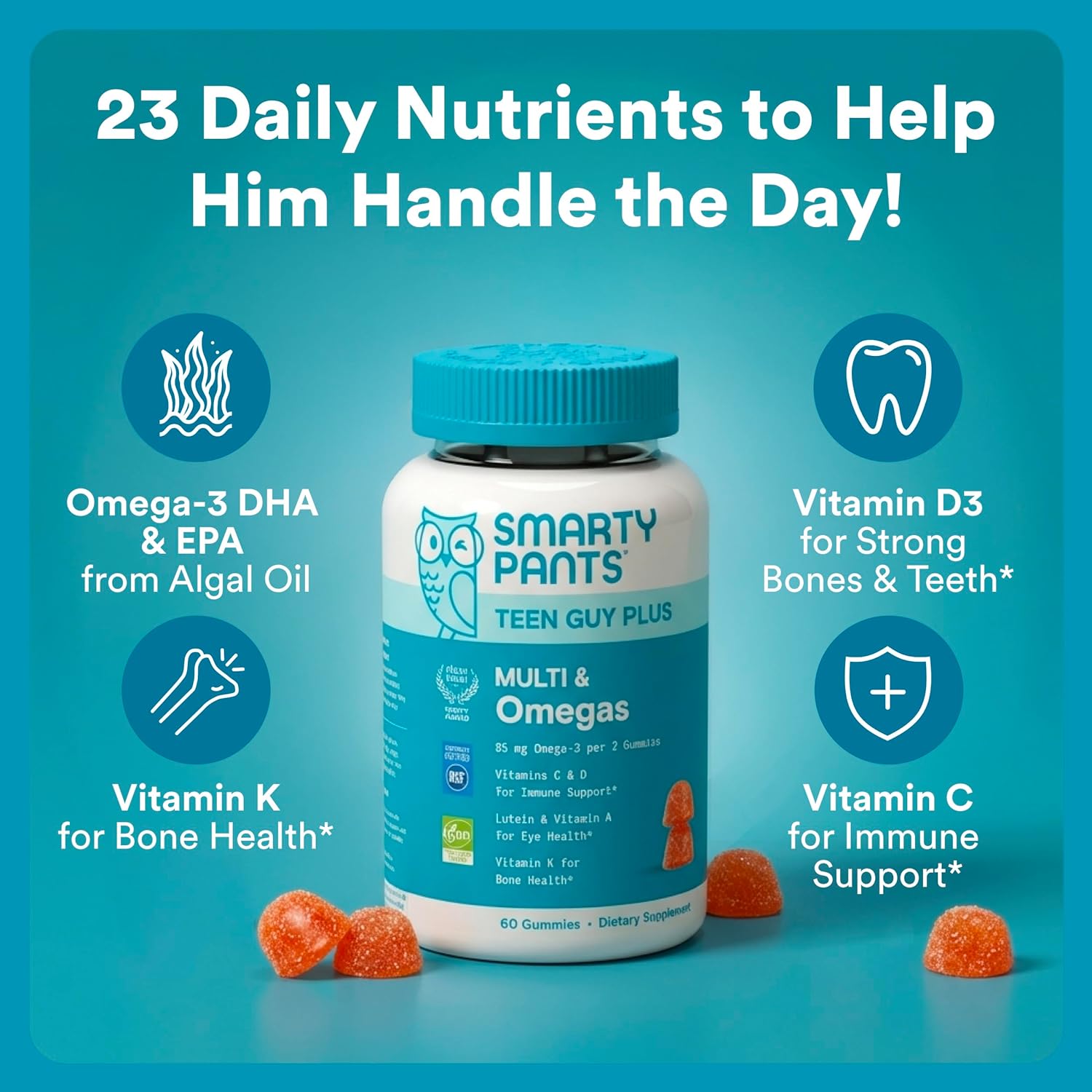 SmartyPants Teen Guy Plus Multi & Omegas Multivitamin Gummies with Omega 3 DHA/EPA, Vitamins D3, C, B12, B6, A, K, Zinc, Folate, Gluten Free, Clean Label, Pineapple Orange, 60 Gummies (30 Day Supply) - Image 2