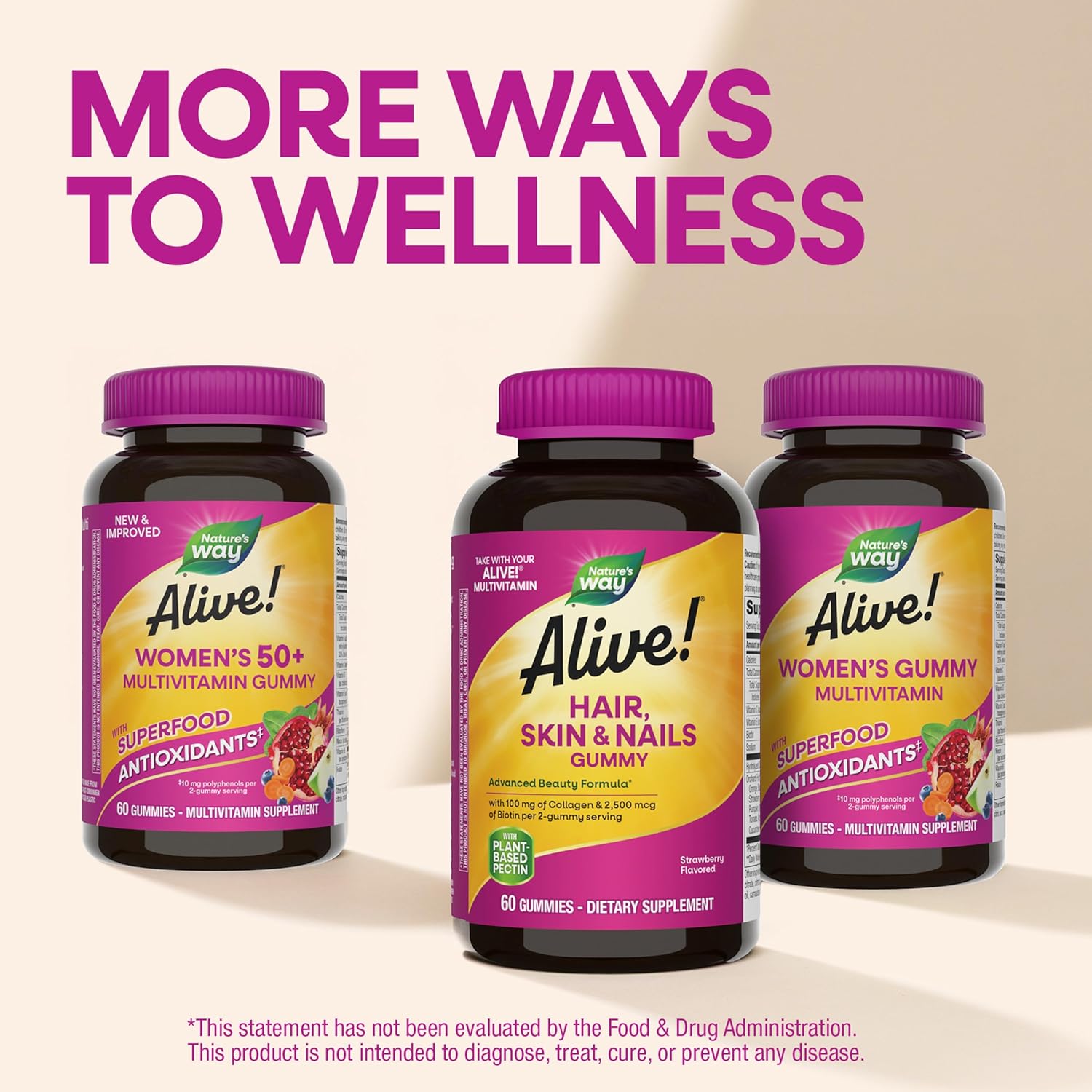 Nature's Way Alive! Hair, Skin & Nails Gummies with Collagen and Biotin, Advanced Beauty Formula Supplement with Antioxidant Vitamins C & E*, Strawberry Flavored, 60 Gummies - Image 7