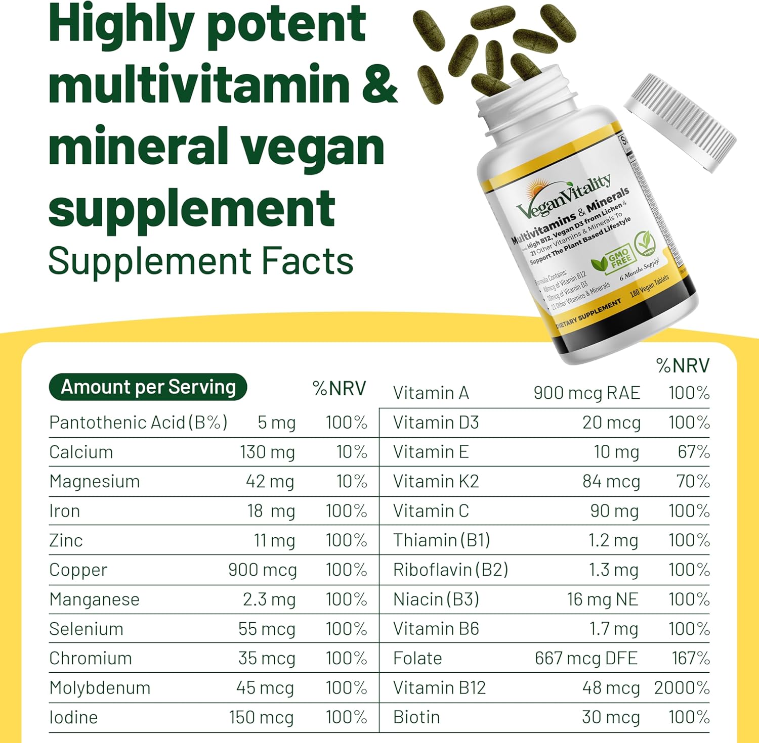 Vegan Vitality Multivitamins & Minerals for Women and Men with High Strength Vitamin B12, D3 & K2. 180 Vegan Multivitamin Tablets - 6 Months Supply. Vitamins for Vegans. Women Multivitamin - Image 6
