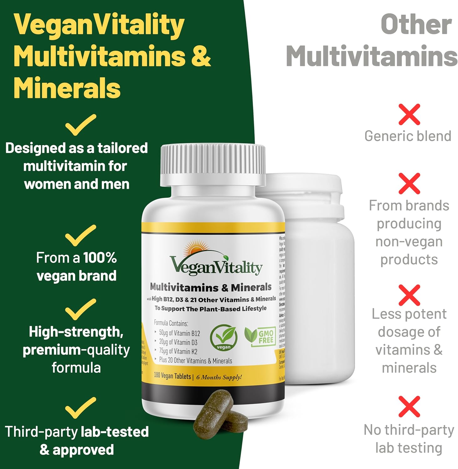 Vegan Vitality Multivitamins & Minerals for Women and Men with High Strength Vitamin B12, D3 & K2. 180 Vegan Multivitamin Tablets - 6 Months Supply. Vitamins for Vegans. Women Multivitamin - Image 3