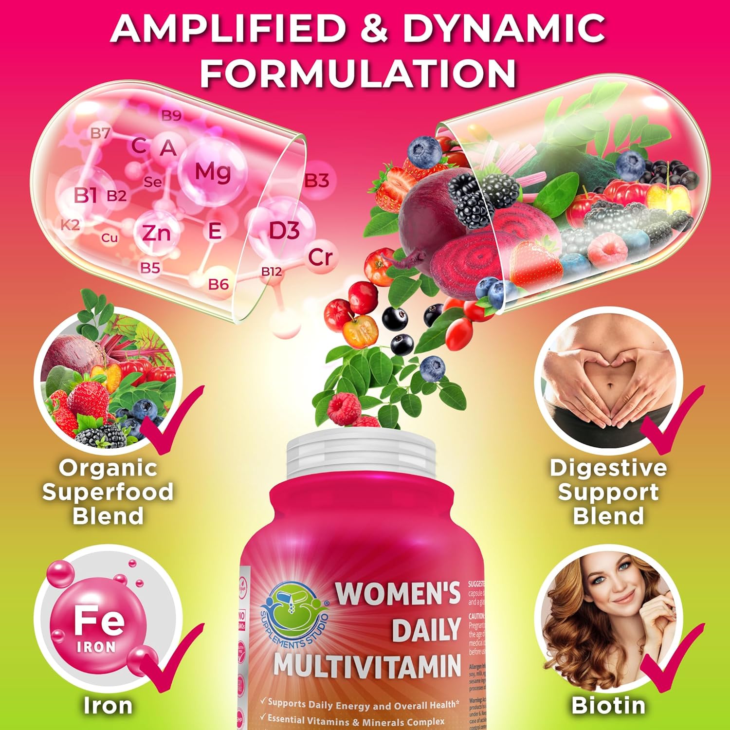Women's Daily Multivitamin with Iron - Vegan Methylated Multivitamin for Women with Biotin, Organic Superfoods, Probiotics, B-Complex - Energy, Gut & Optimal Health Support – Easy to Swallow Capsules - Image 3